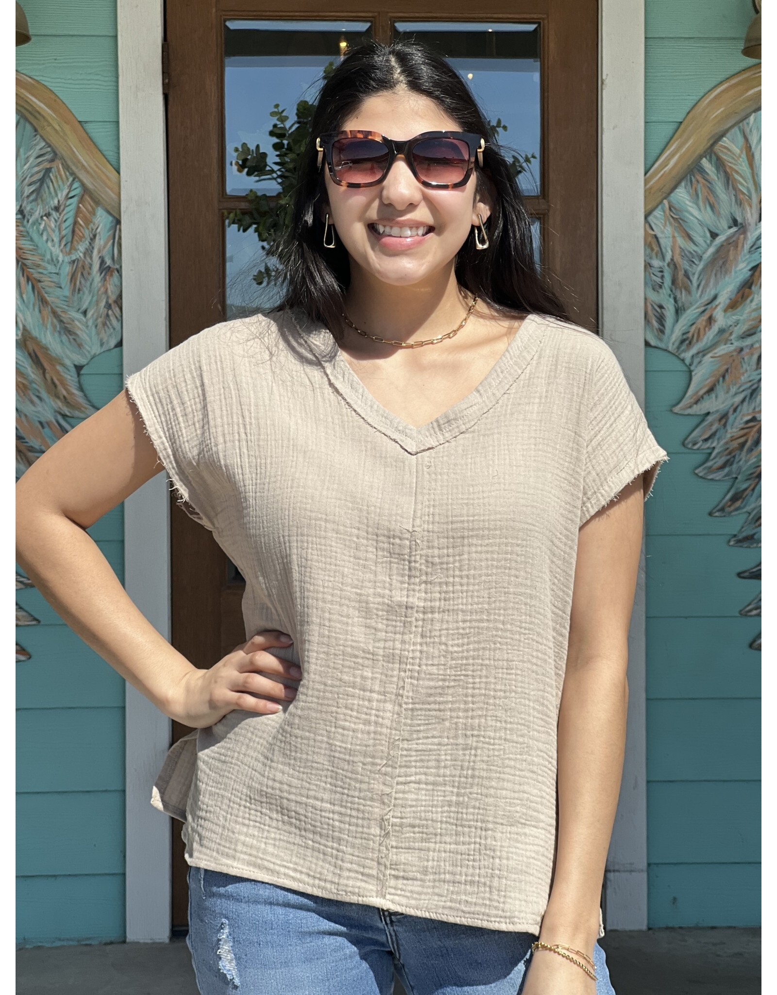 Cotton Gauze V-Neck Top in Taupe