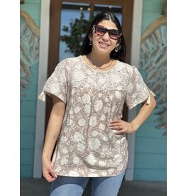 Savannah Jane Taupe & White Floral Embroidered Top