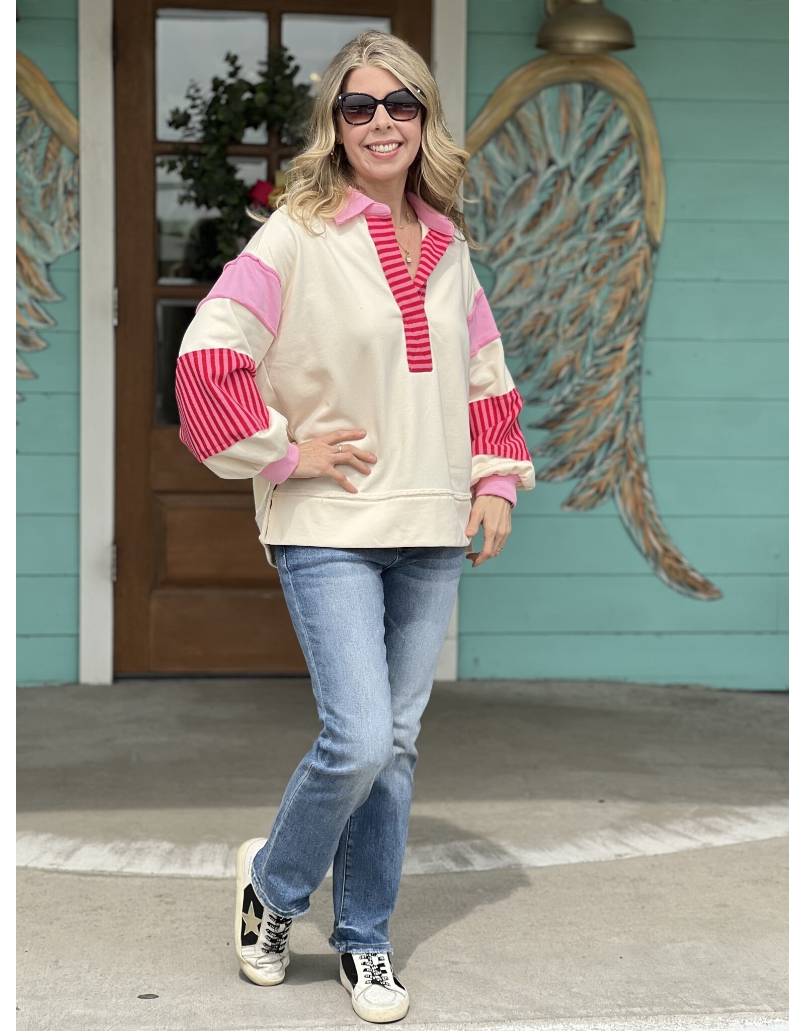 Ecru and Pink Contrast Pullover Top - Rhinestone Angel