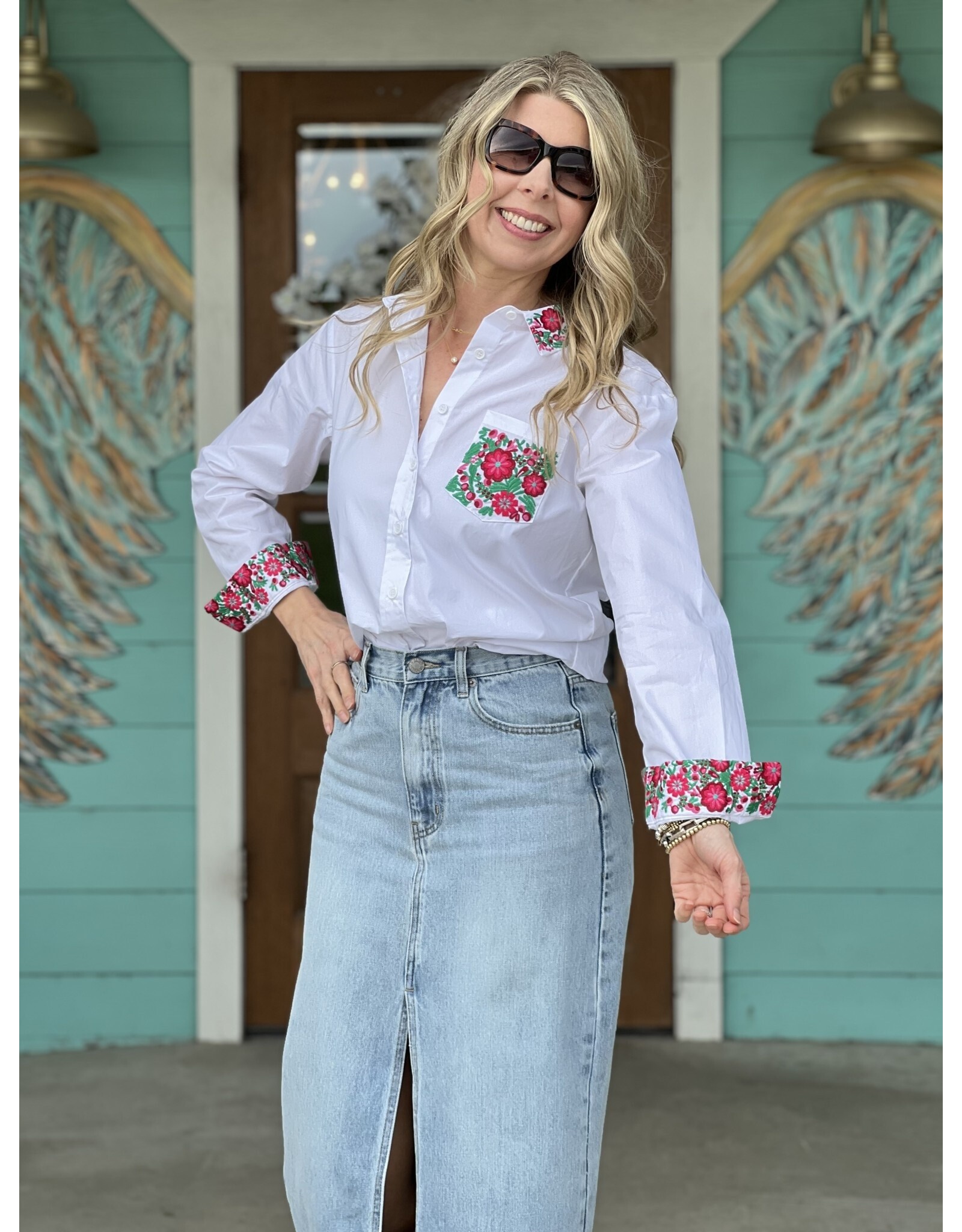 Tilly Floral Embroidered Detail White Shirt