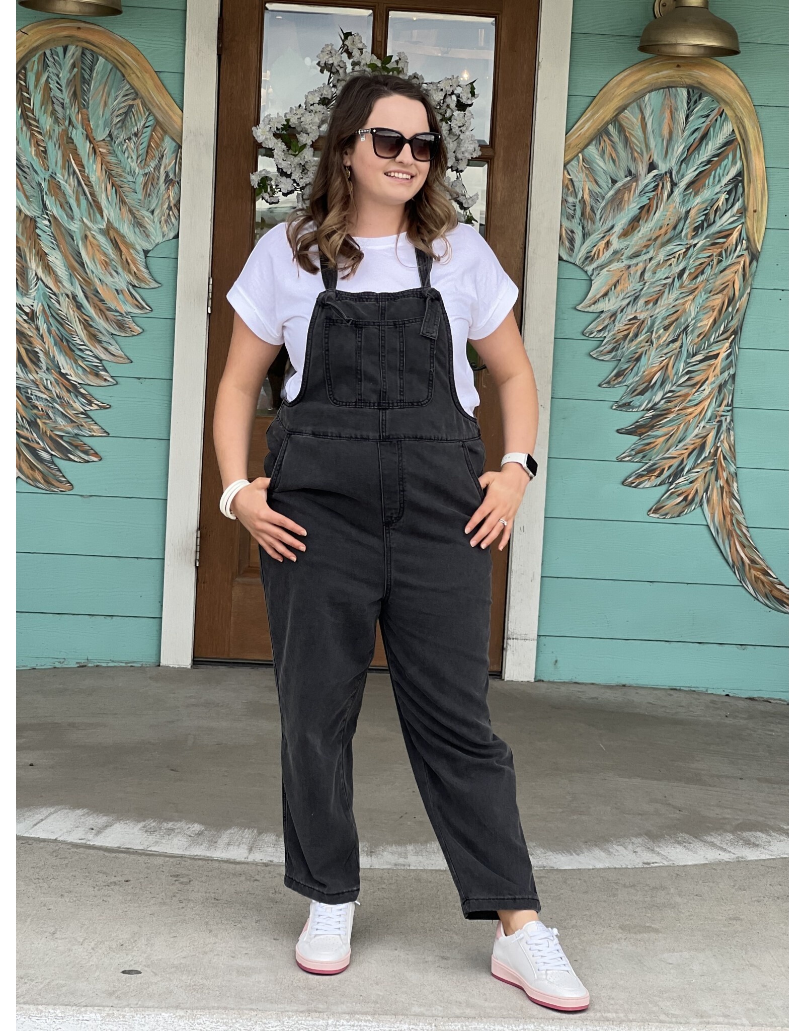 Black Wash Knot Strap Relaxed Fit Overalls