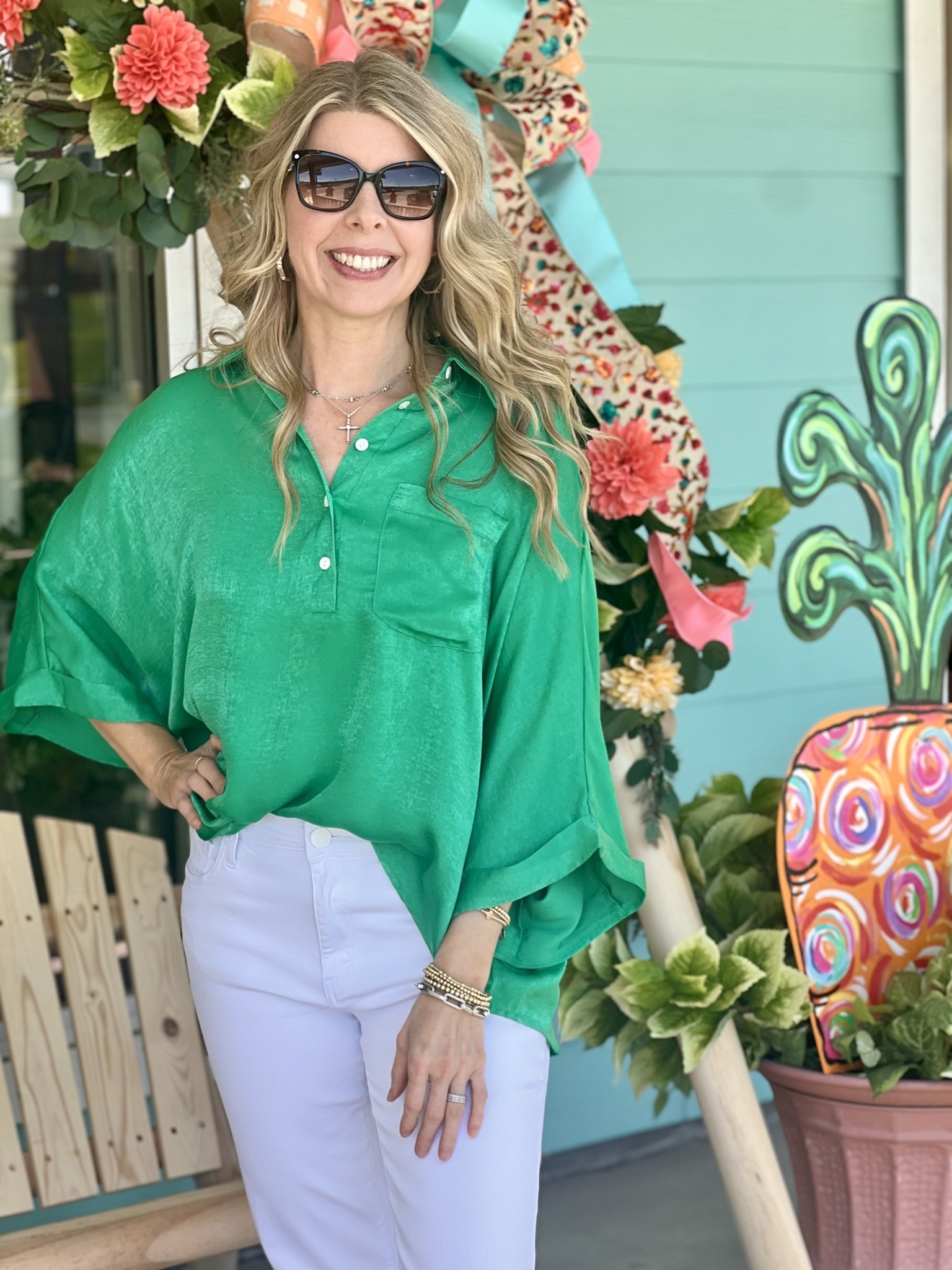 Kelly Green Satin Tunic Blouse Rhinestone Angel