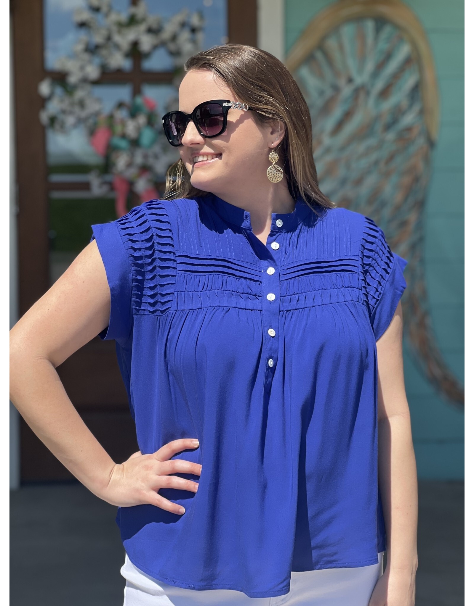 Royal Blue Pleated Detail Button Top