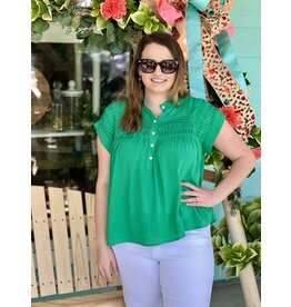 Green Pleated Detail Button Top