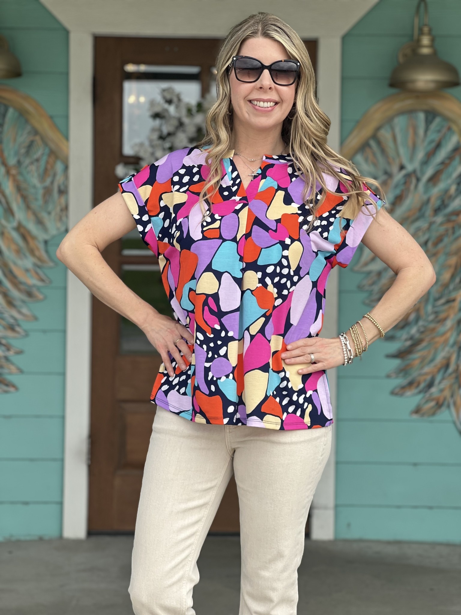 Navy Abstract Sleeveless Tops