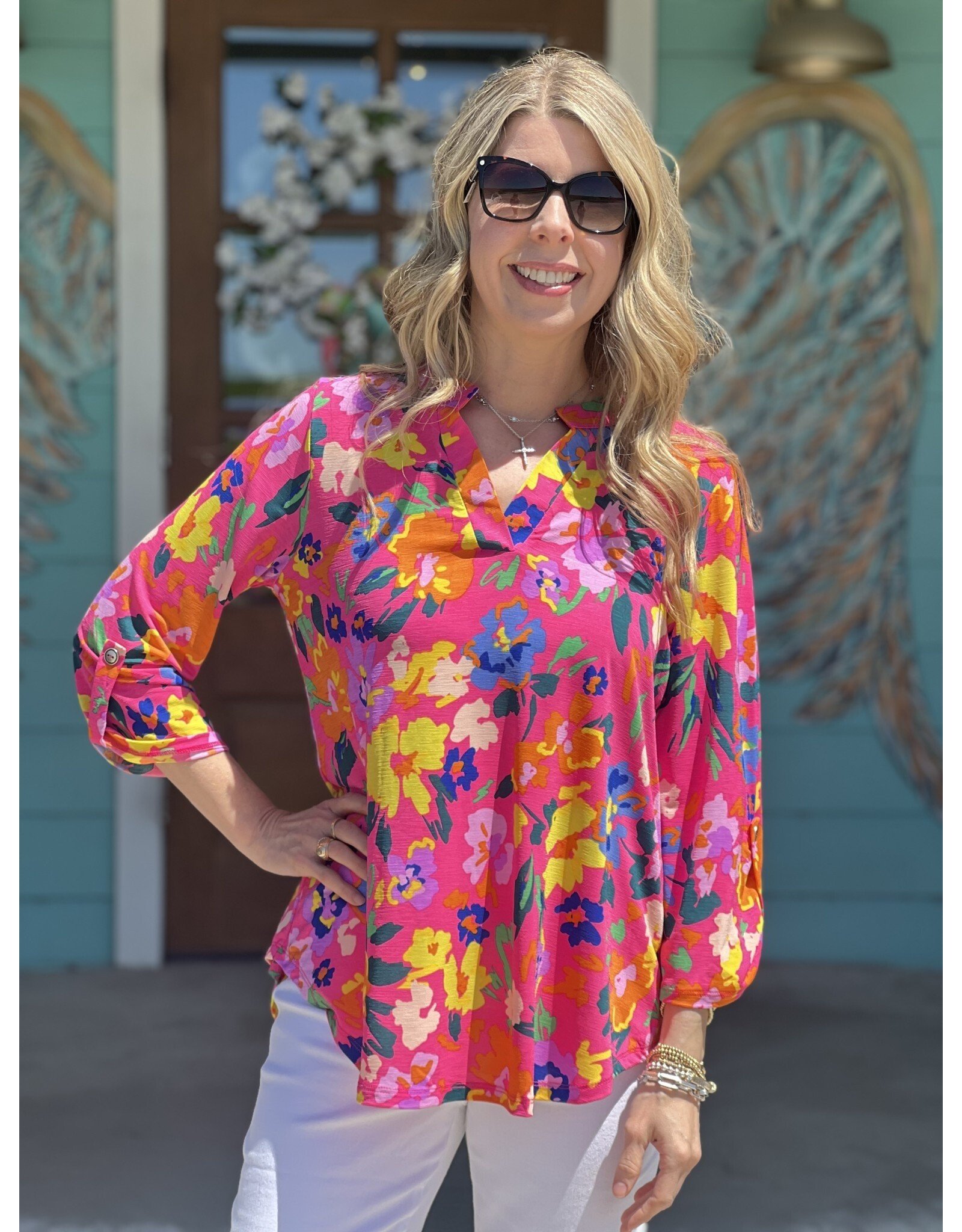Hot Pink Floral 3/4 Sleeve Blouse