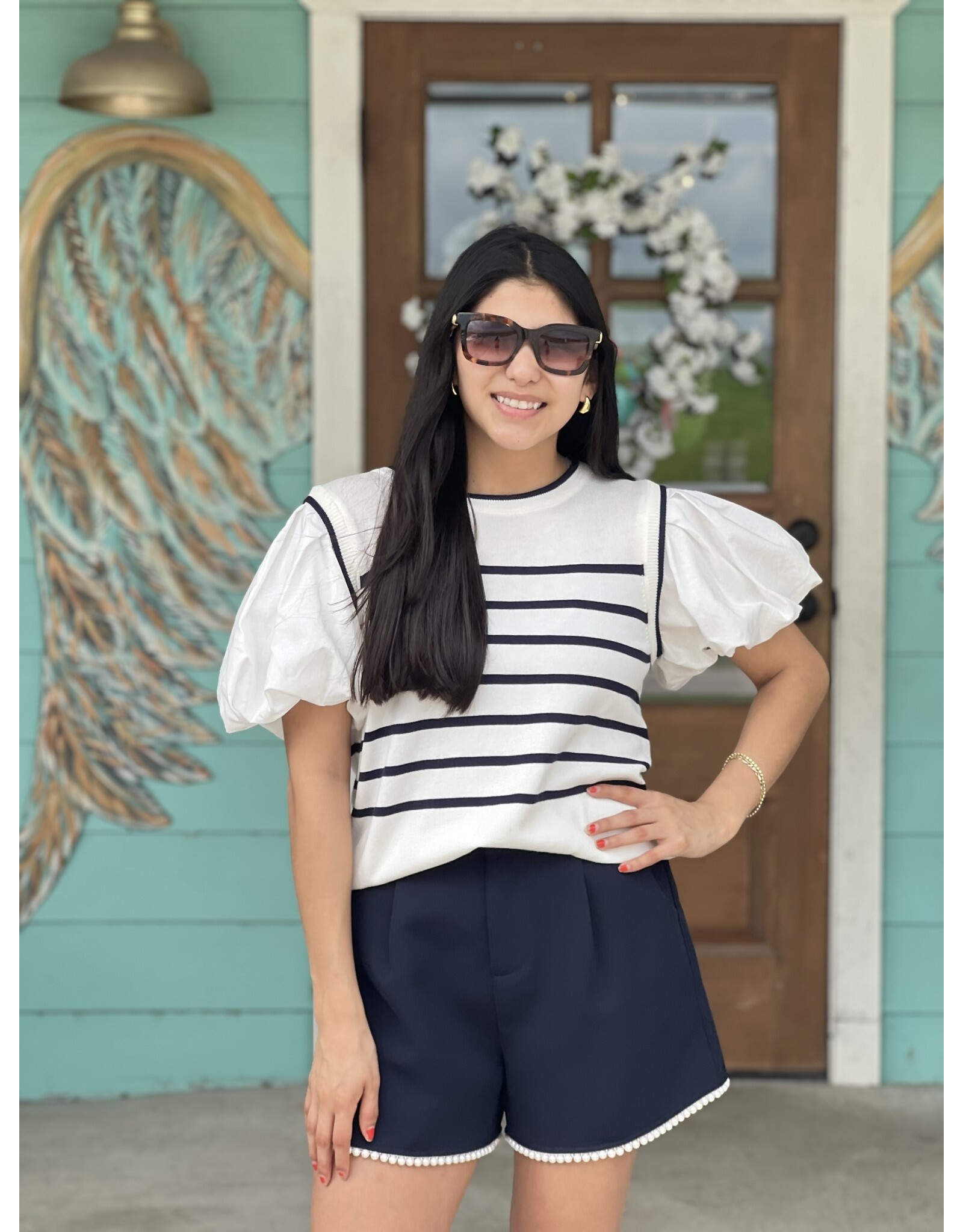 Navy Striped Puff Sleeve Knit Top