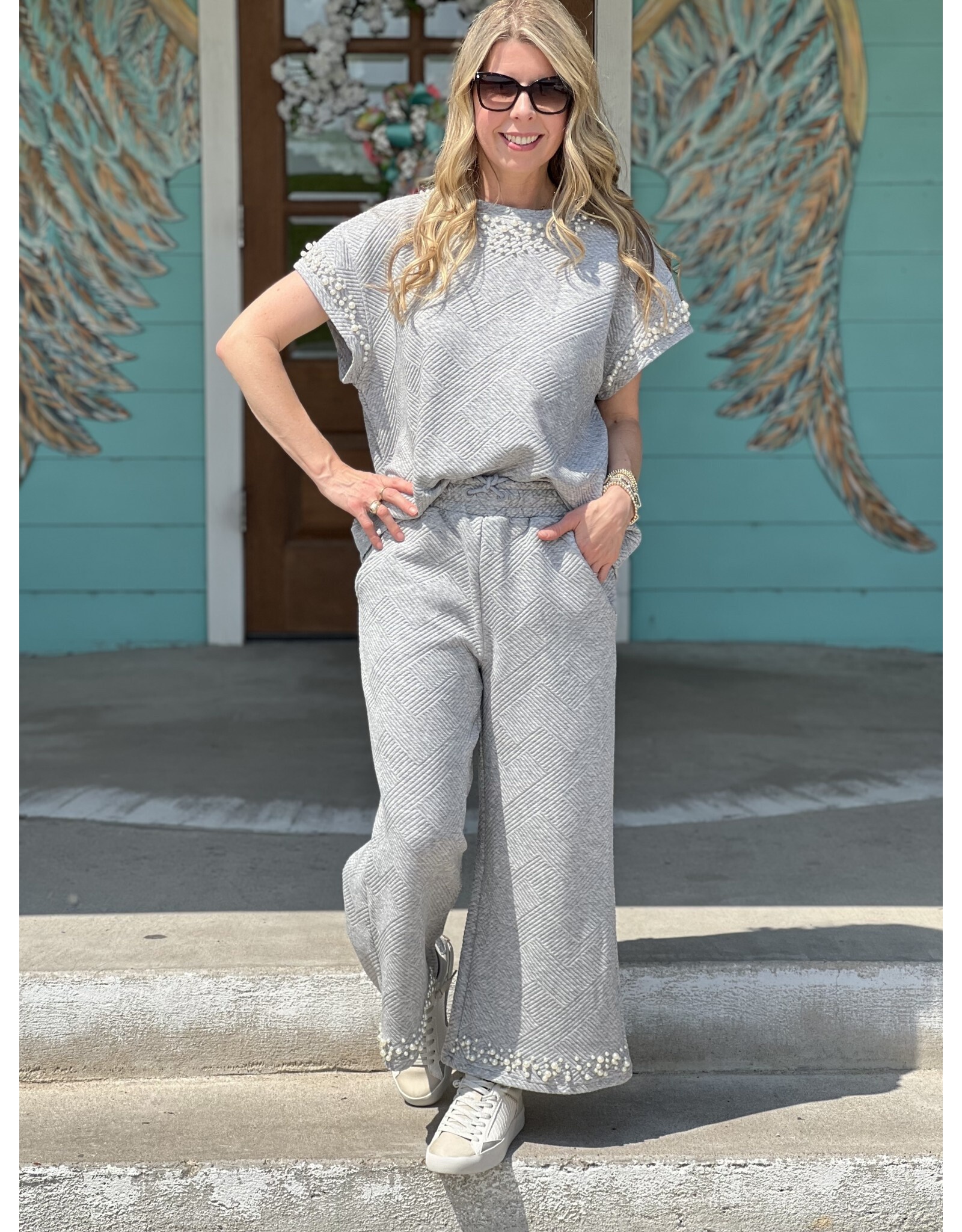 See and Be Seen Grey Pearl Detail Textured Cropped Pants