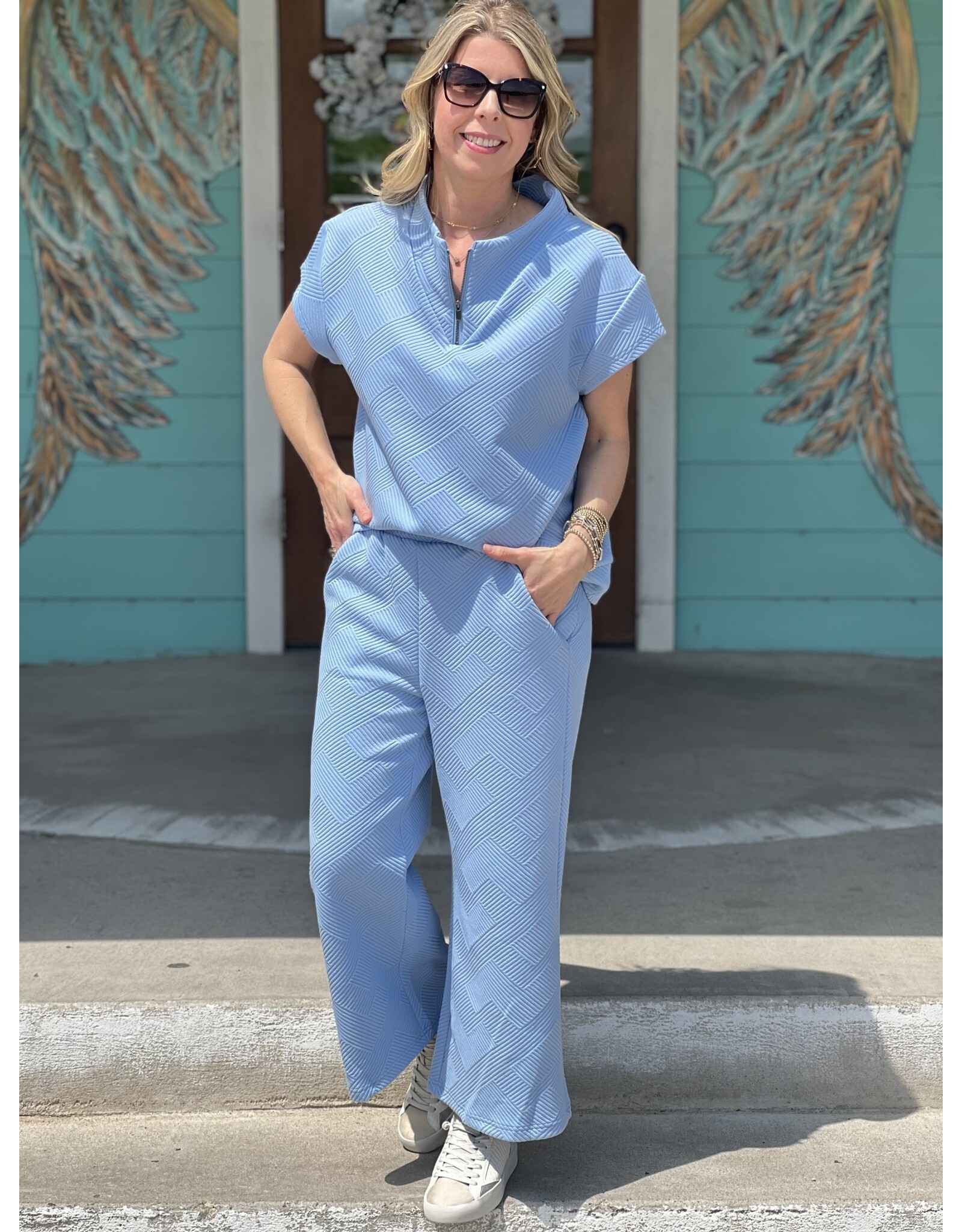See and Be Seen Sky Blue Textured Crop Wide Leg Pant