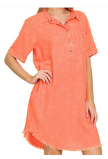 Coral Washed Linen Button Down Dress