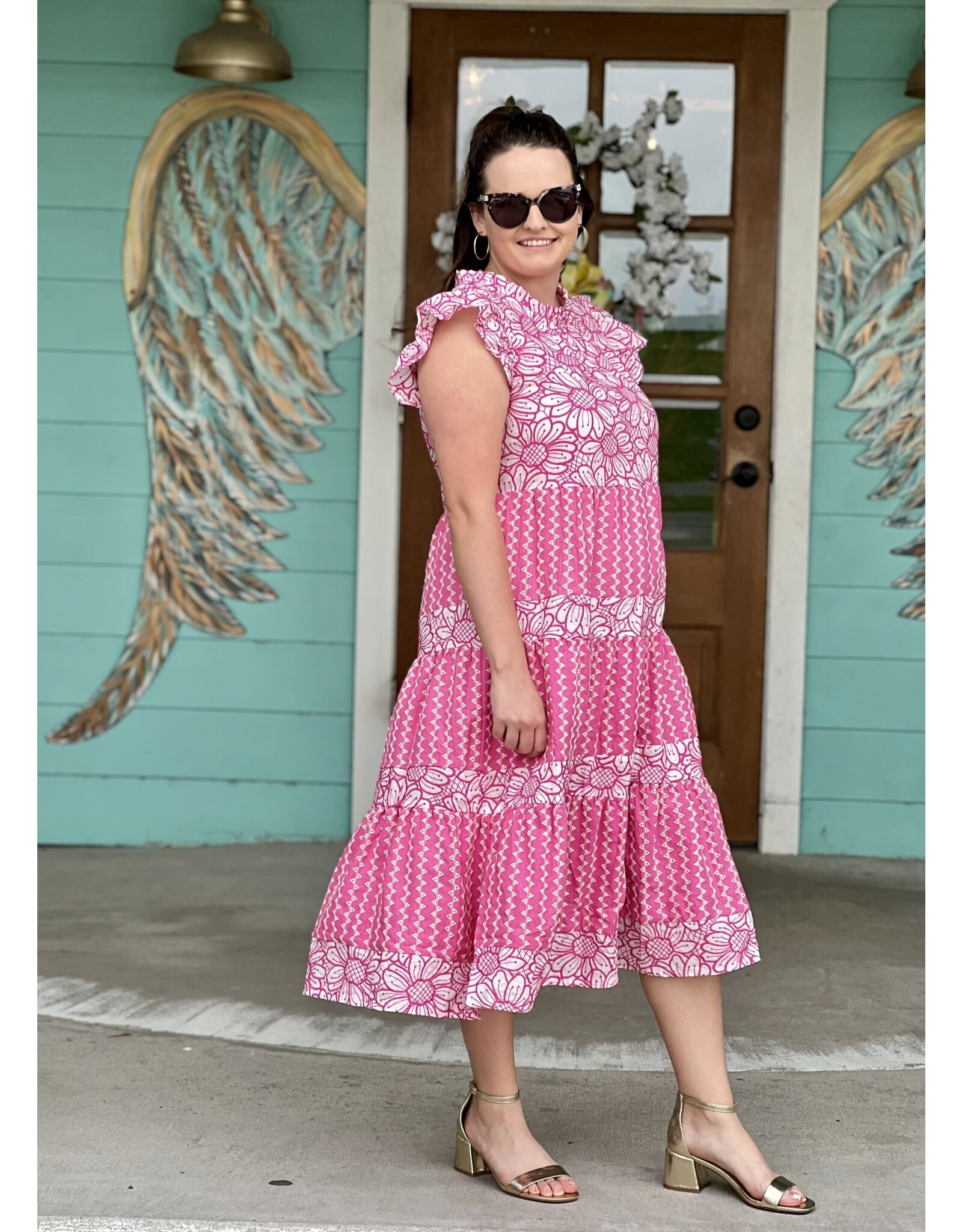 Pink Embroidered Pattern Tiered Dress