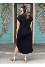 Black Textured Cap Sleeve Midi Dress