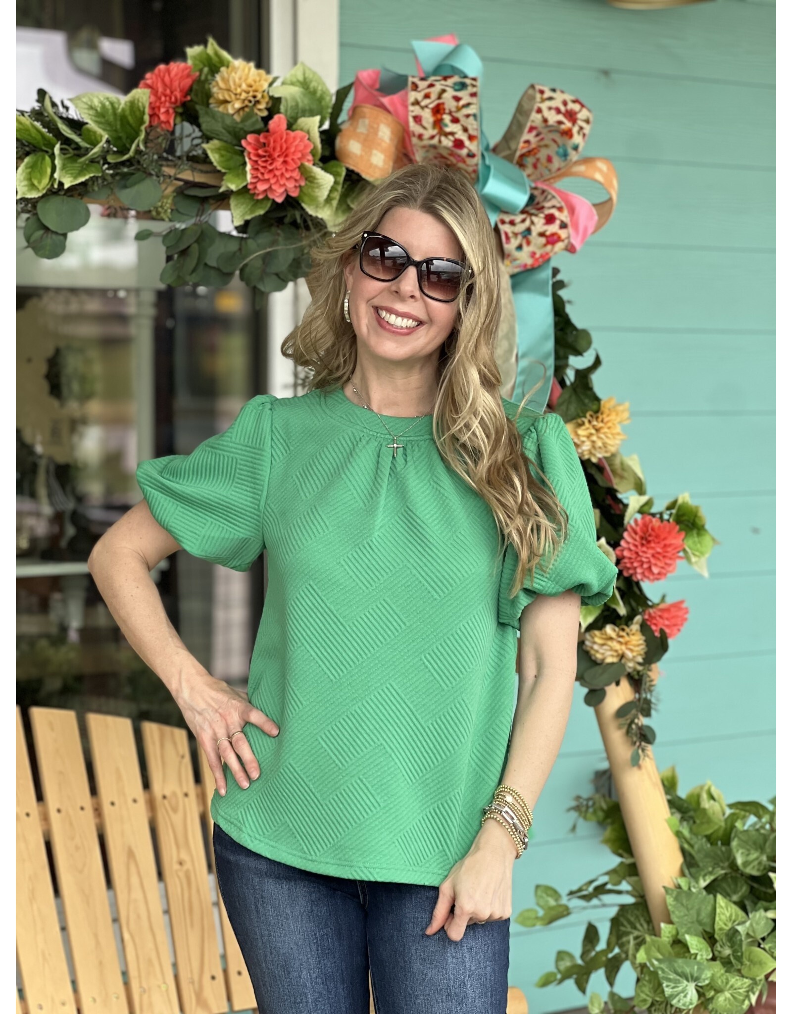 Green Textured Bubble Sleeve Top
