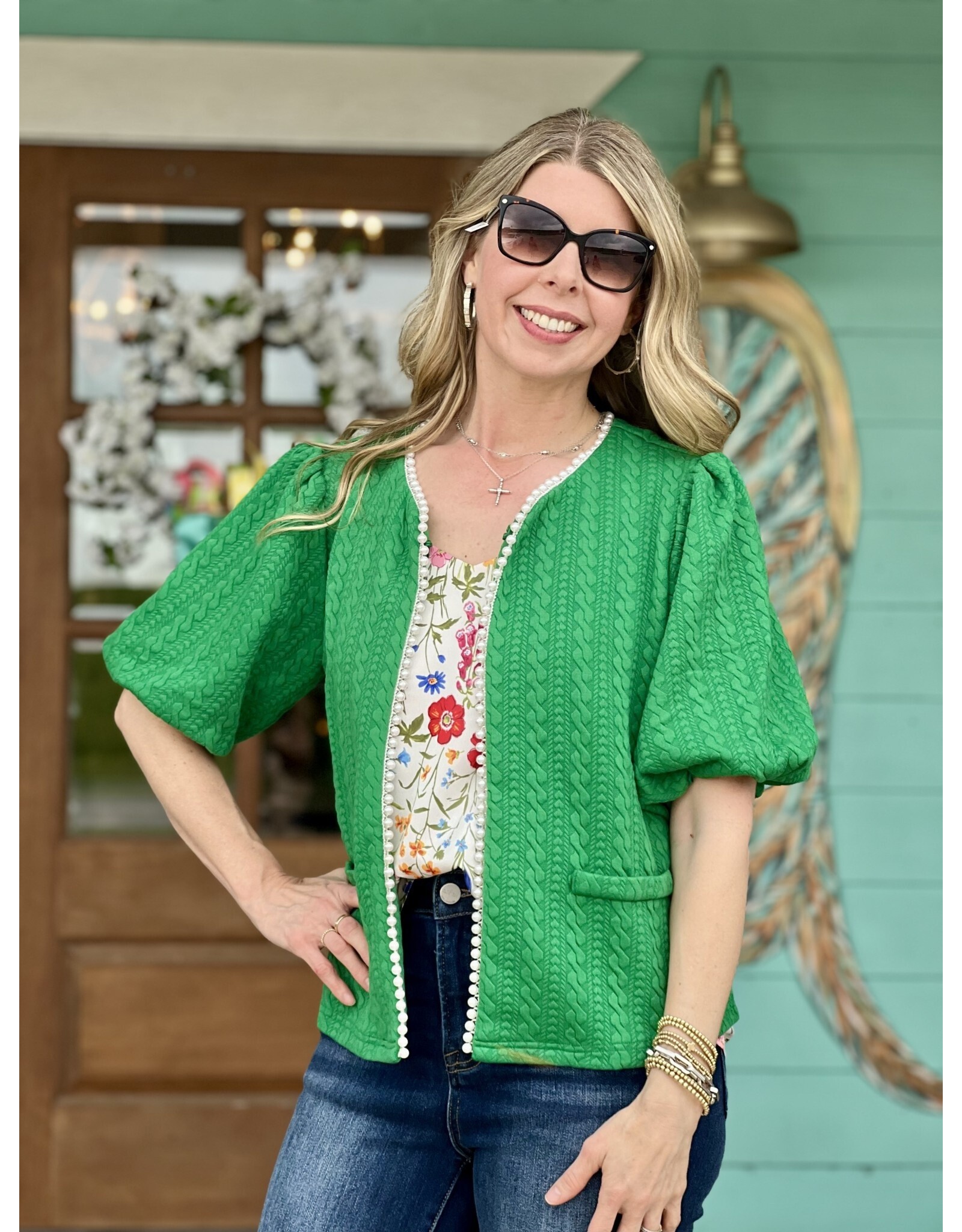 Green Pearl Textured Knit Cardigan