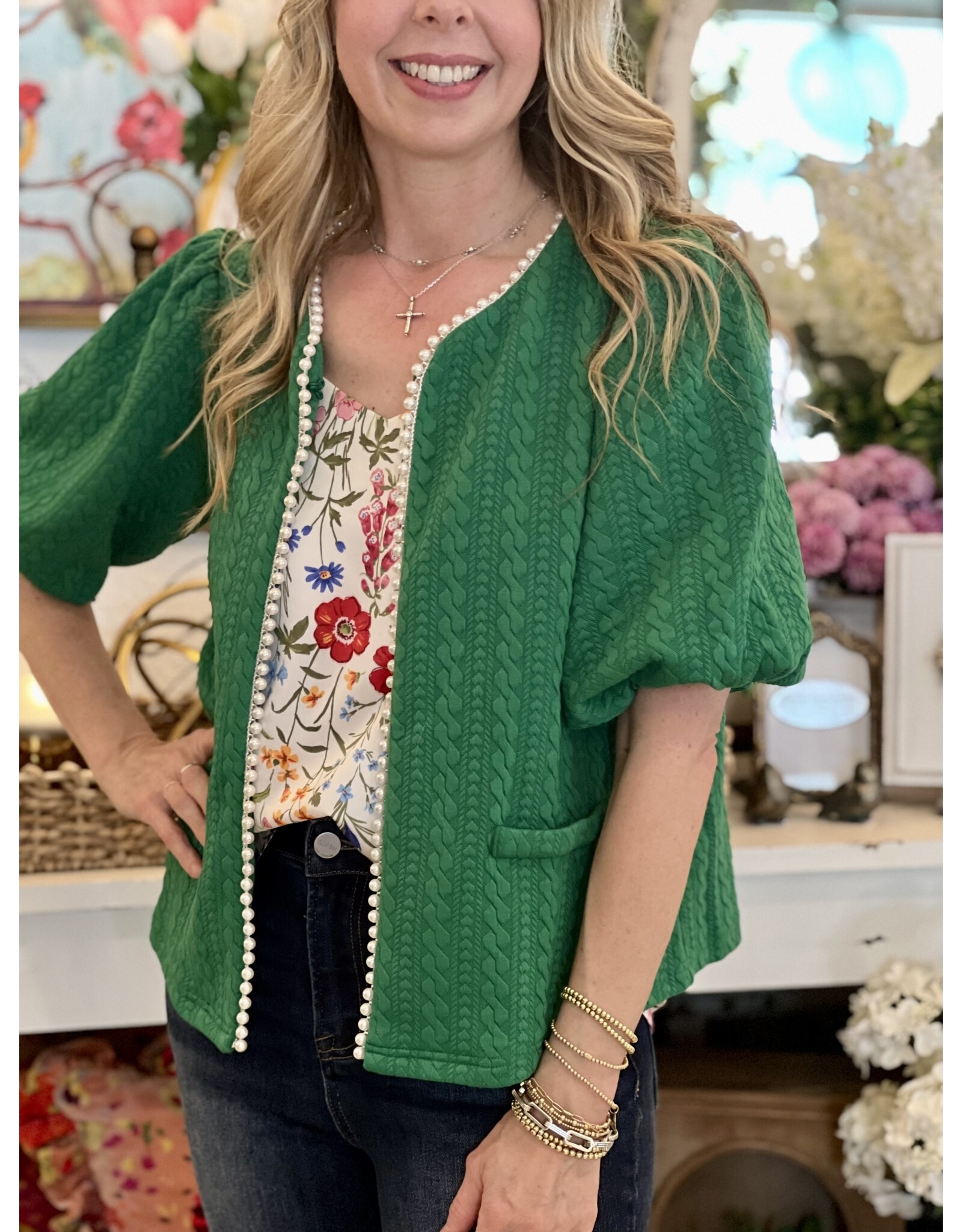 Green Pearl Textured Knit Cardigan