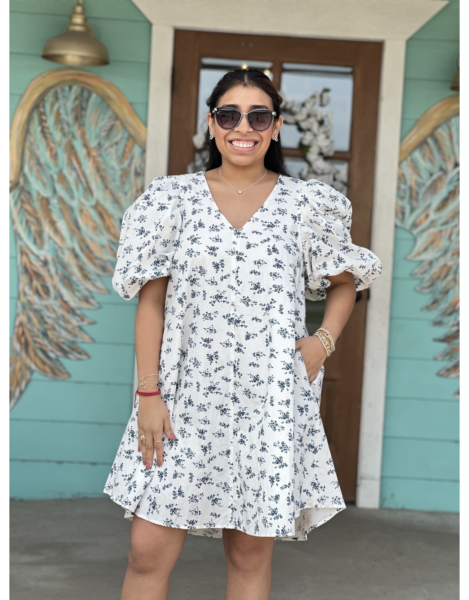 White & Navy Floral Dress