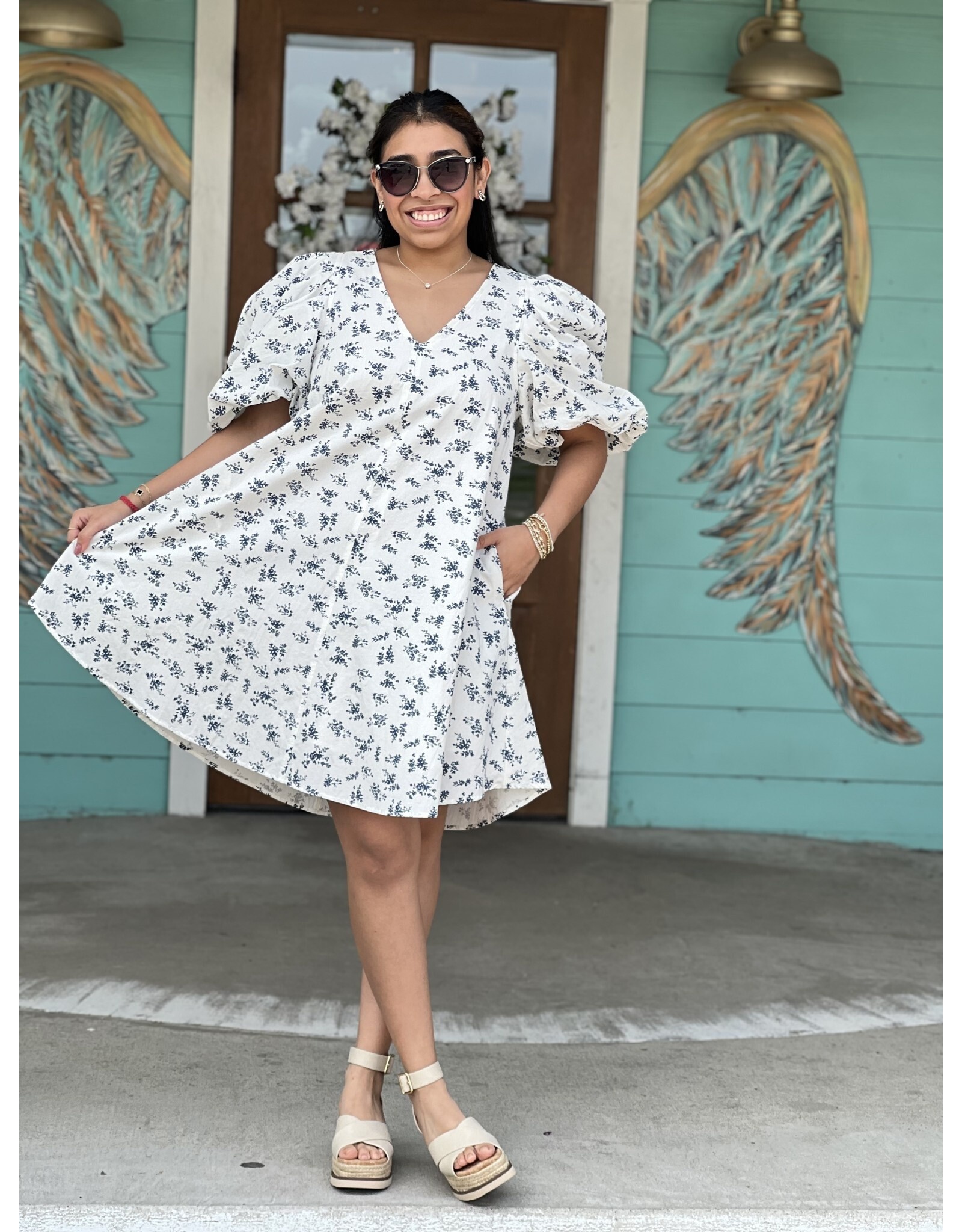 White & Navy Floral Dress