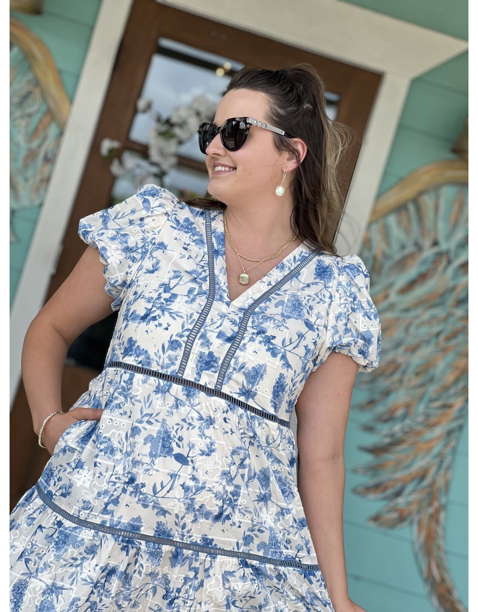 Blue Floral V-Neck Bubble Sleeve Dress