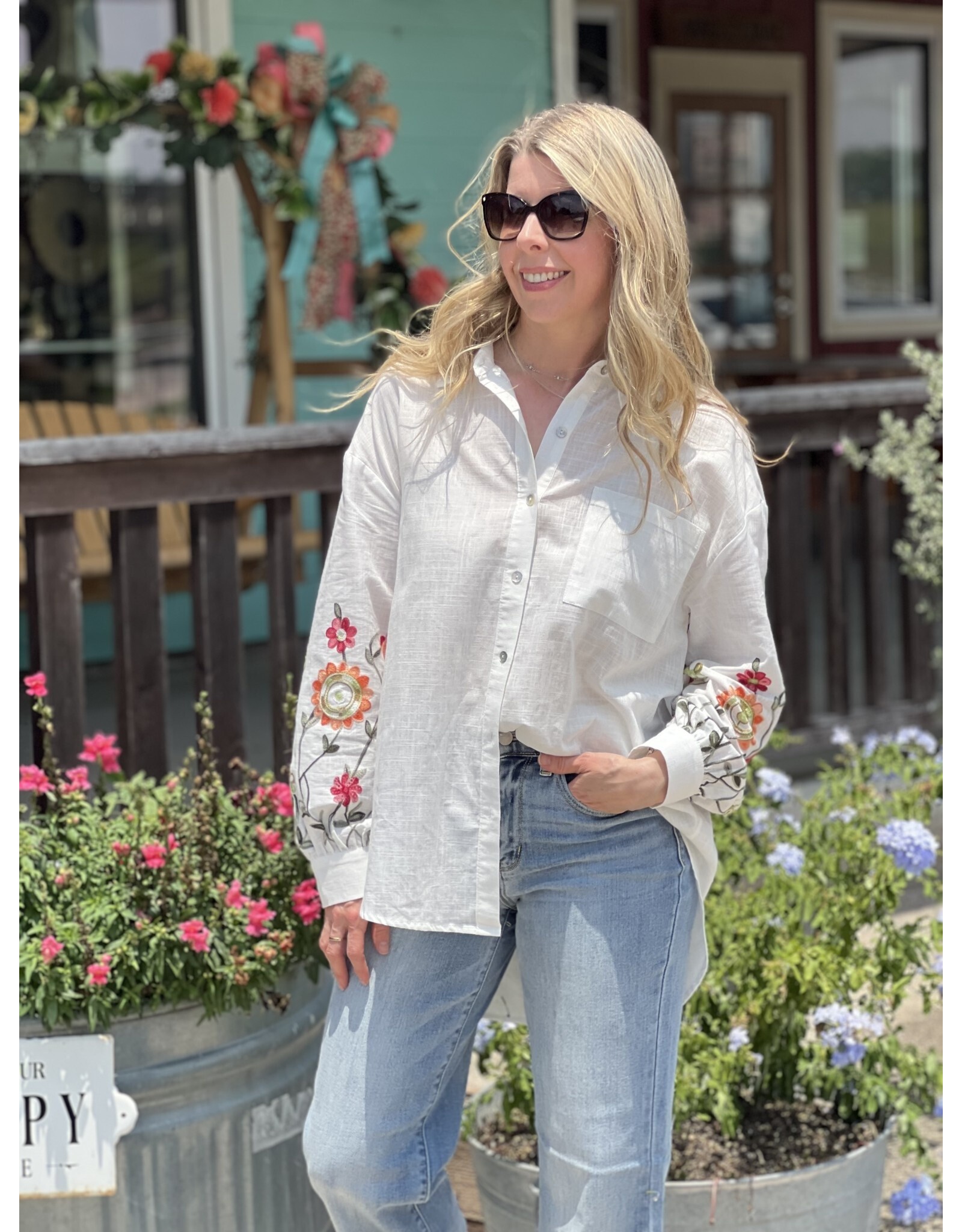 Floral Embroidered Sleeve Button Up Shirt