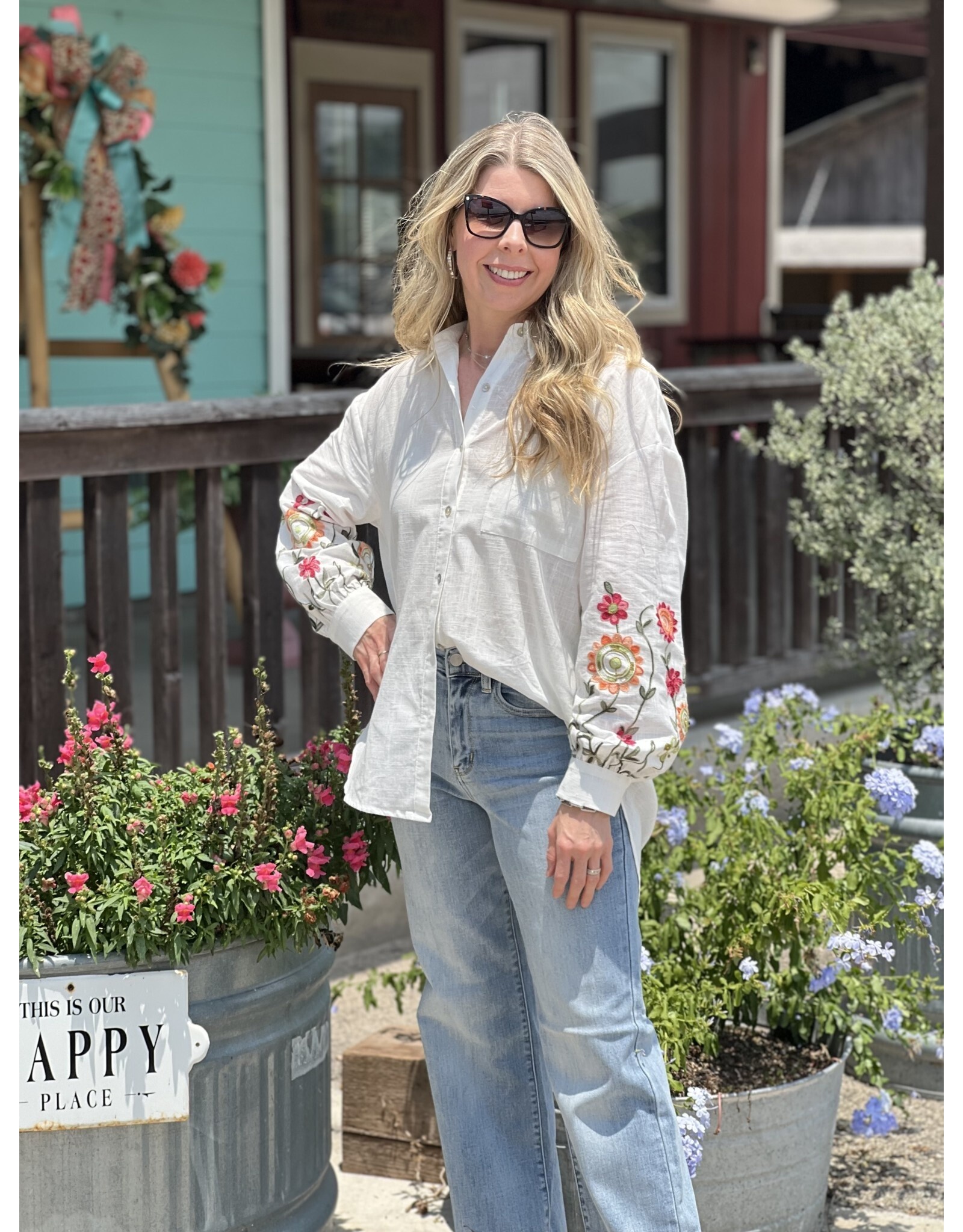 Floral Embroidered Sleeve Button Up Shirt