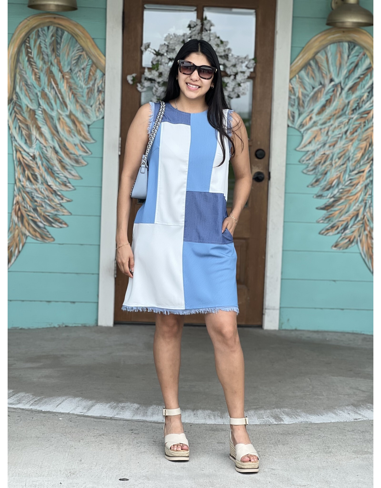 Denim Colorblock Patch Shift Dress