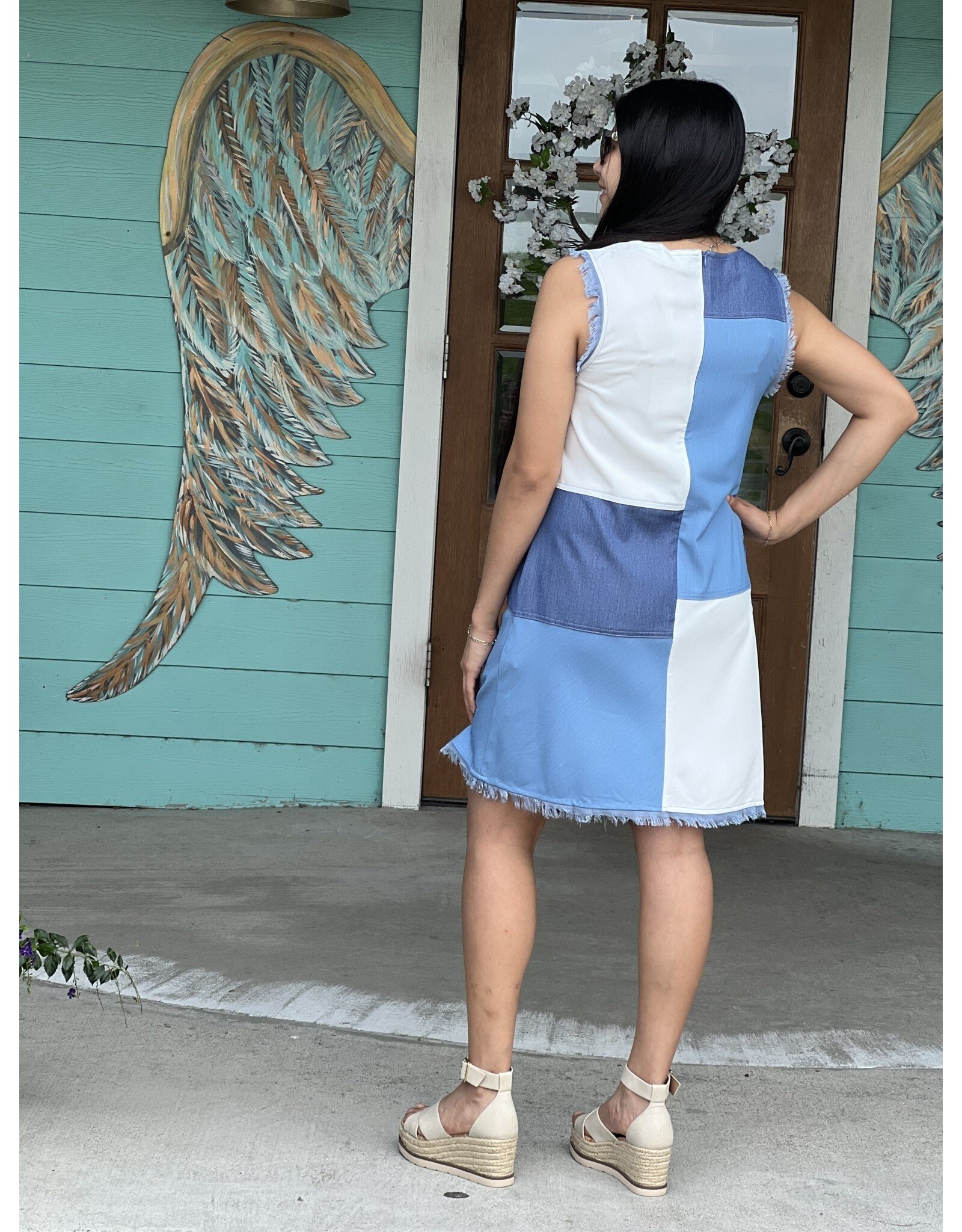 Denim Colorblock Patch Shift Dress