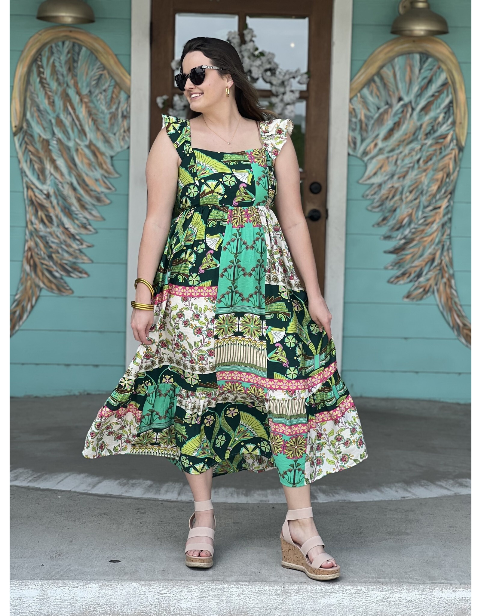 Green & Pink Multi Print Midi Dress