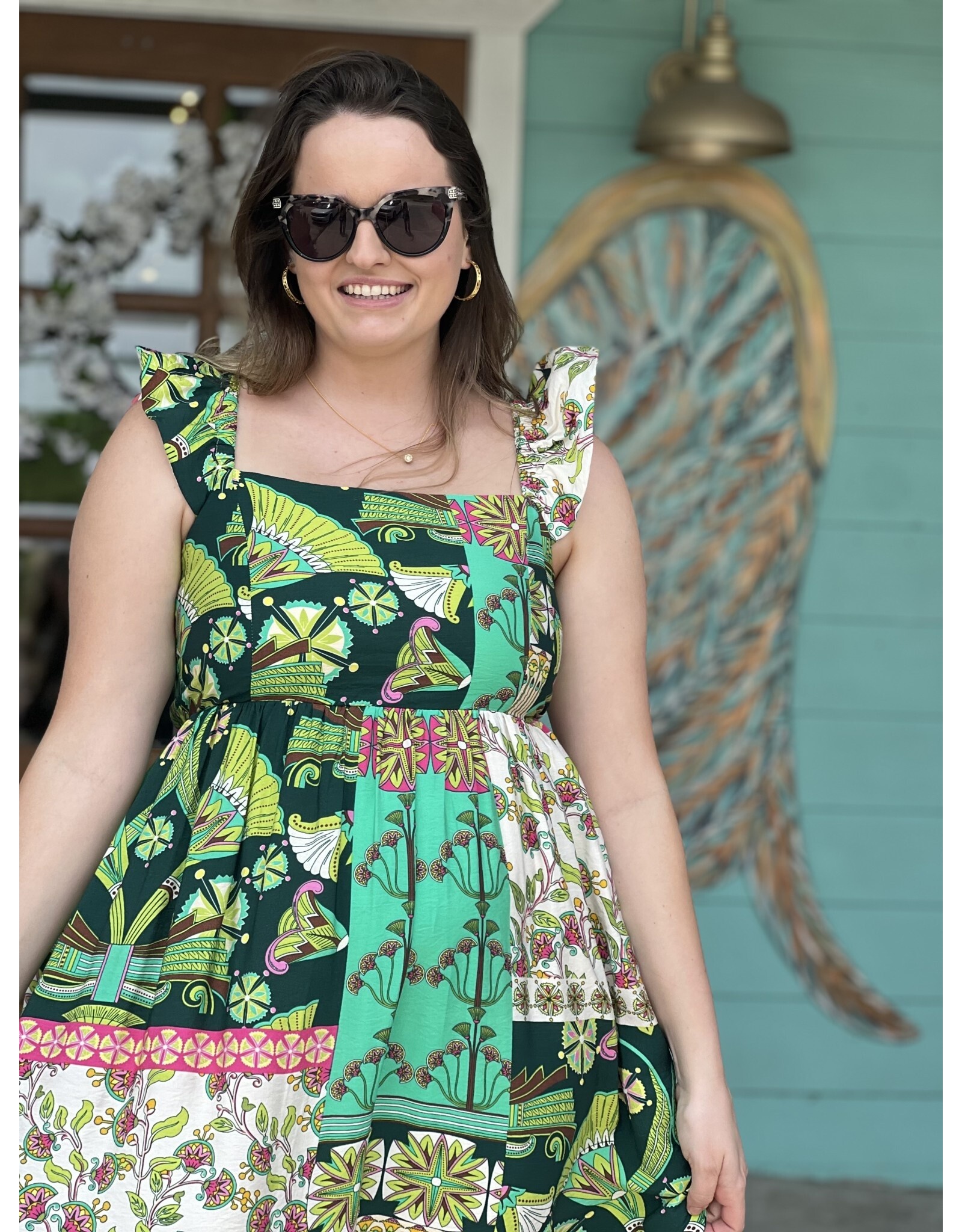 Green & Pink Multi Print Midi Dress