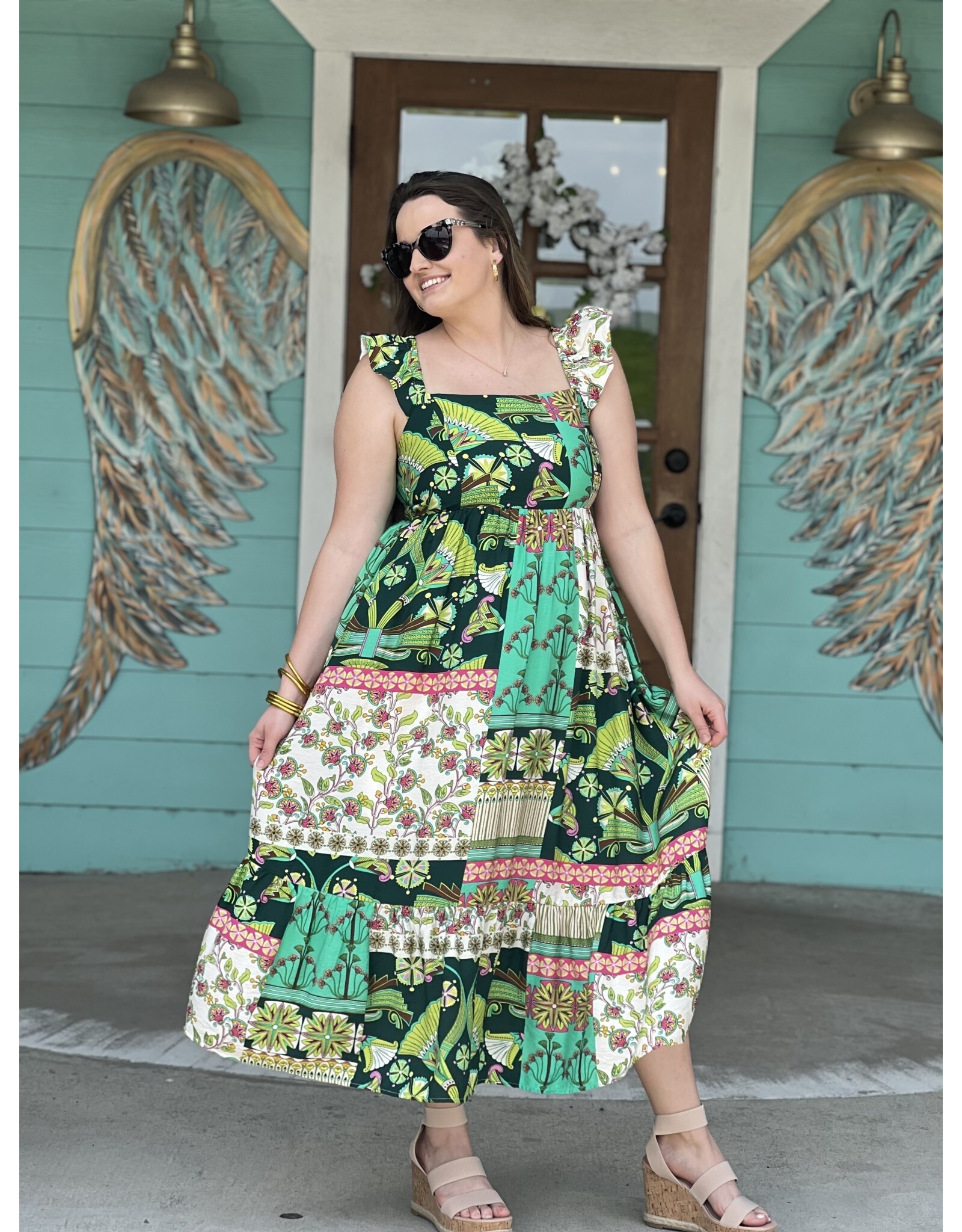 Green & Pink Multi Print Midi Dress