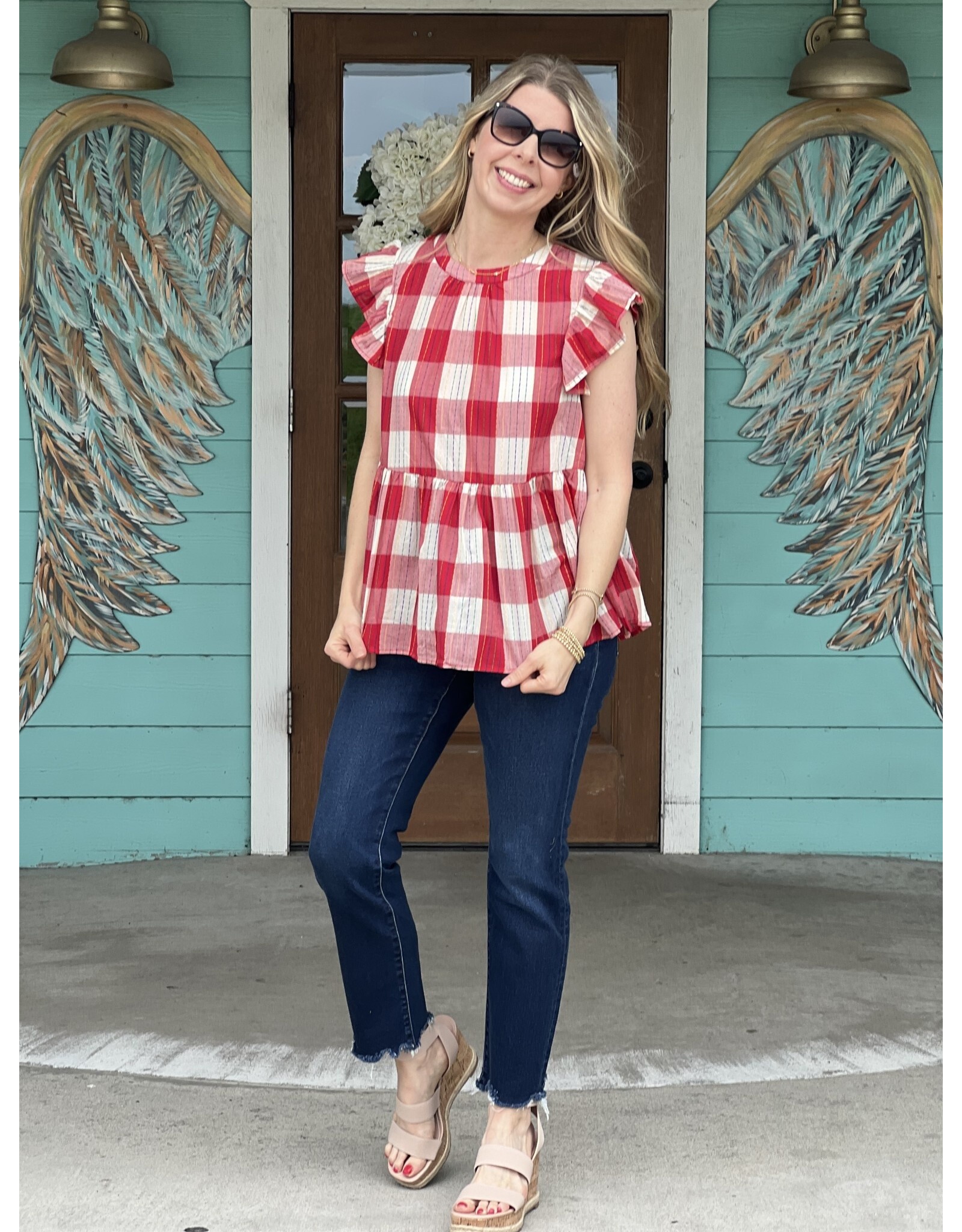 Red & White Plaid Peplum Top