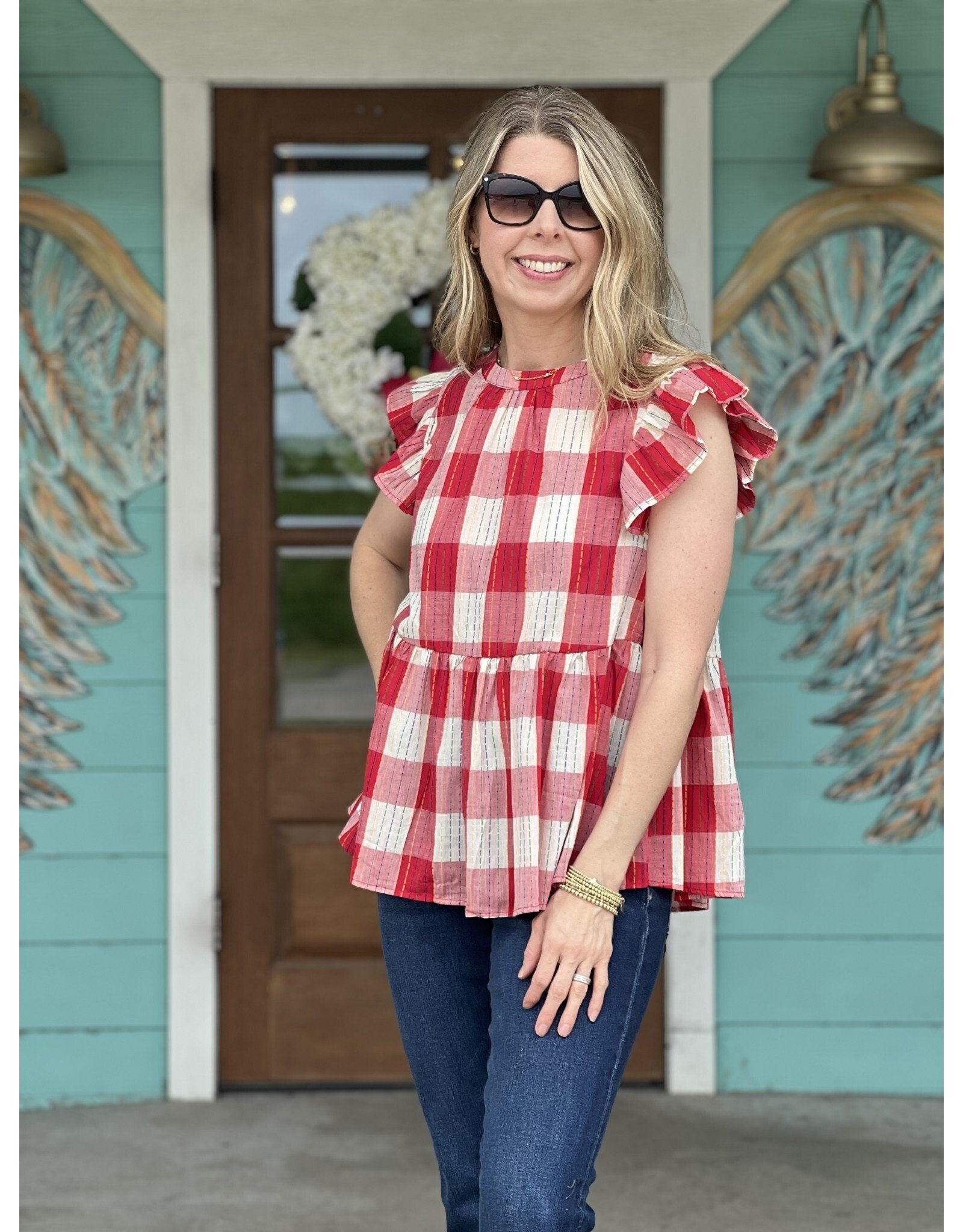 Red & White Plaid Peplum Top