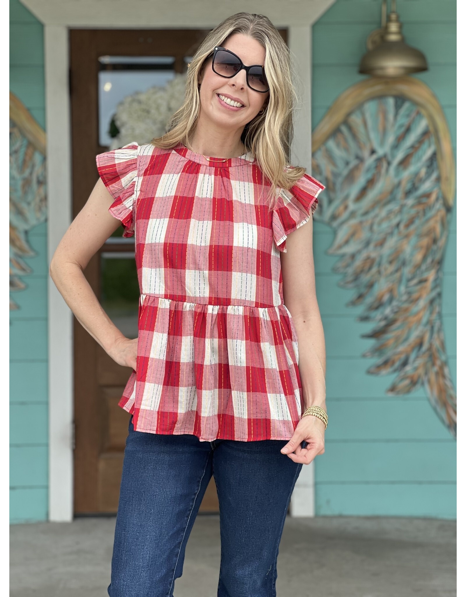 Red & White Plaid Peplum Top