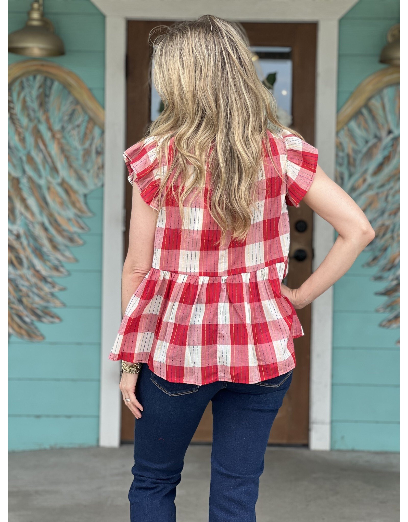 Red & White Plaid Peplum Top