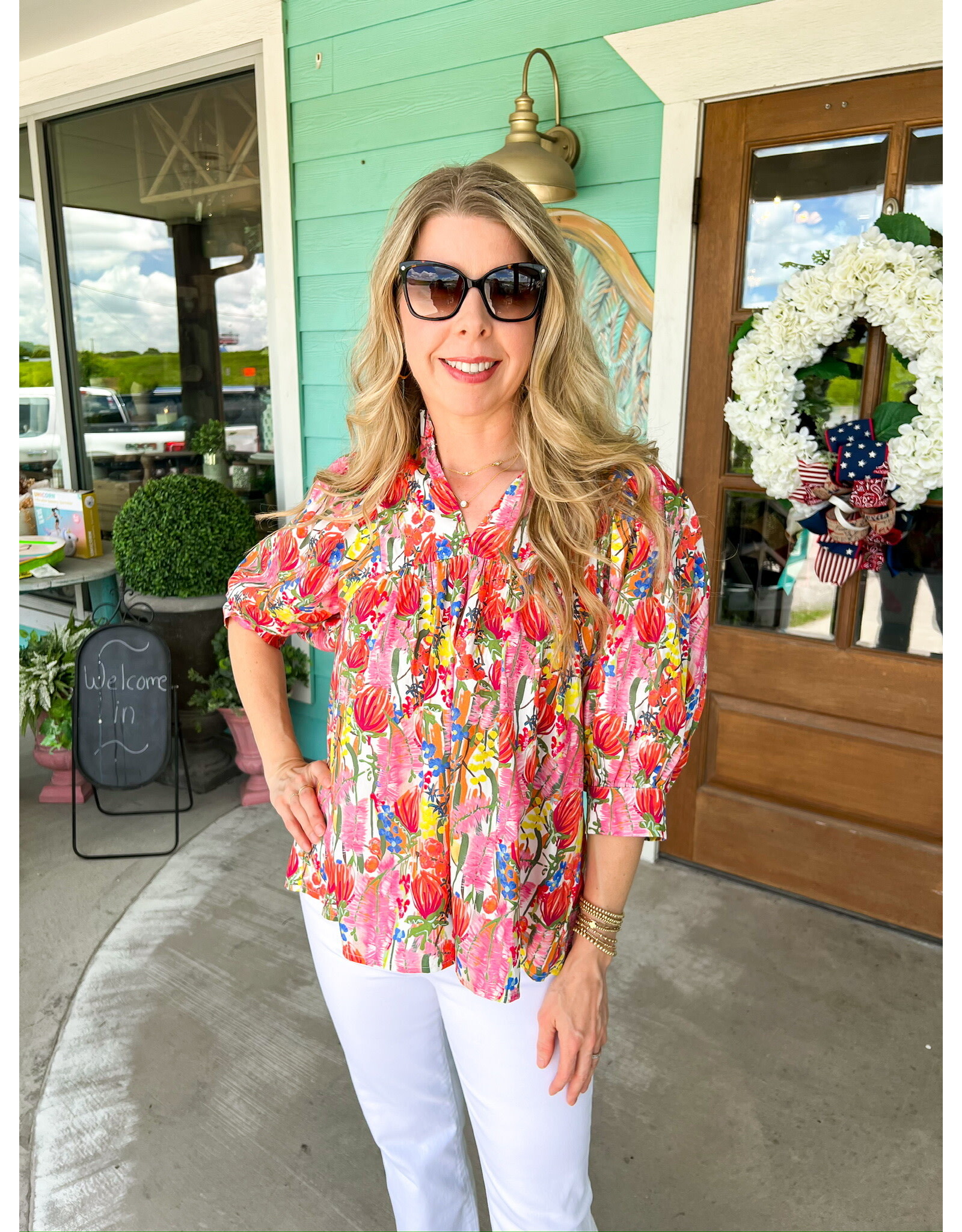 Pink Multi Floral Print Top - Rhinestone Angel