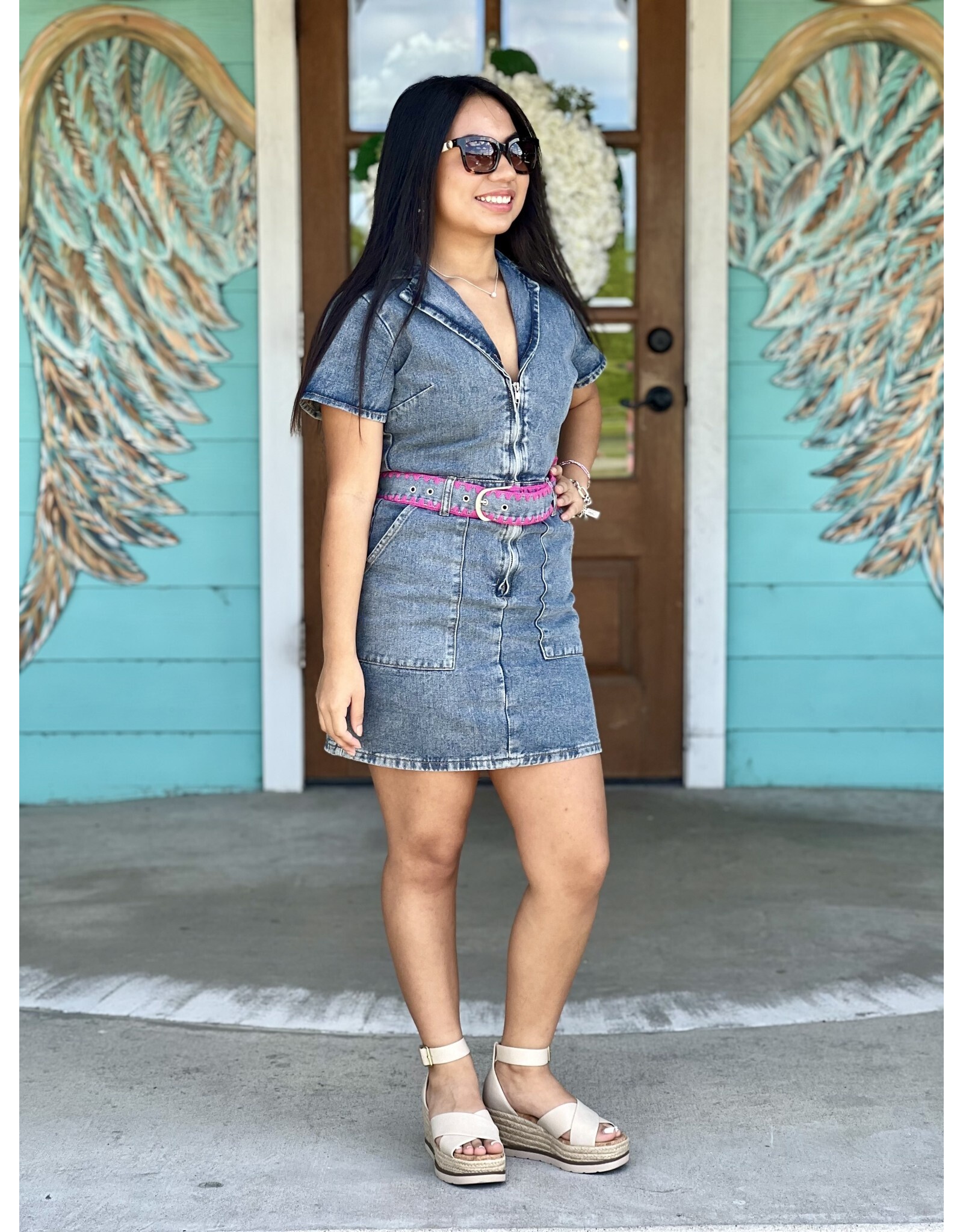 Denim Stitch Detail Belted Dress