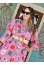 Pink Tile Print Belted Maxi Dress