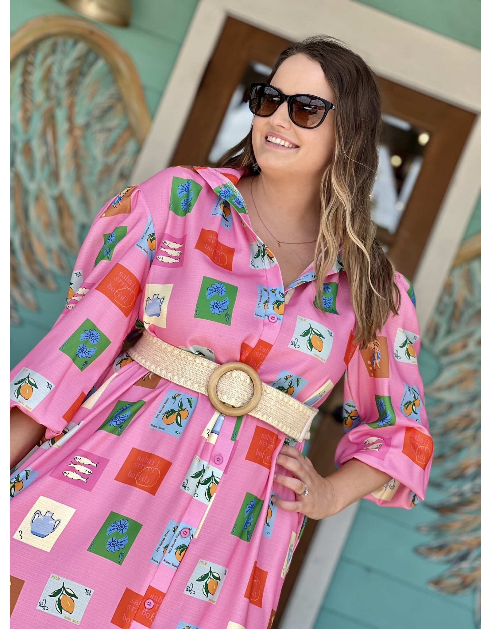 Pink Tile Print Belted Maxi Dress