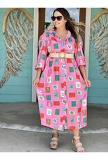 Pink Tile Print Belted Maxi Dress