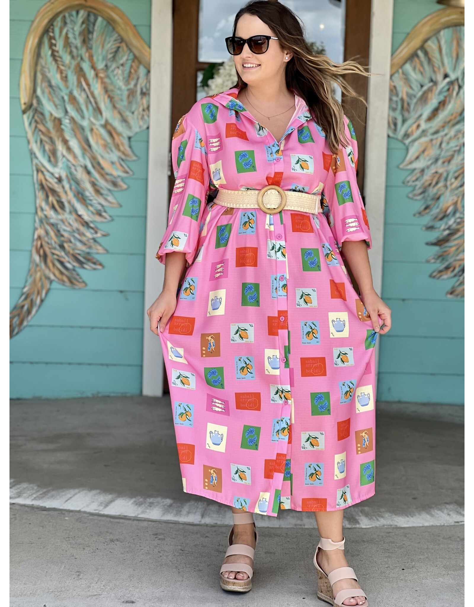 Pink Tile Print Belted Maxi Dress