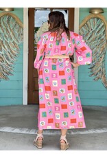 Pink Tile Print Belted Maxi Dress