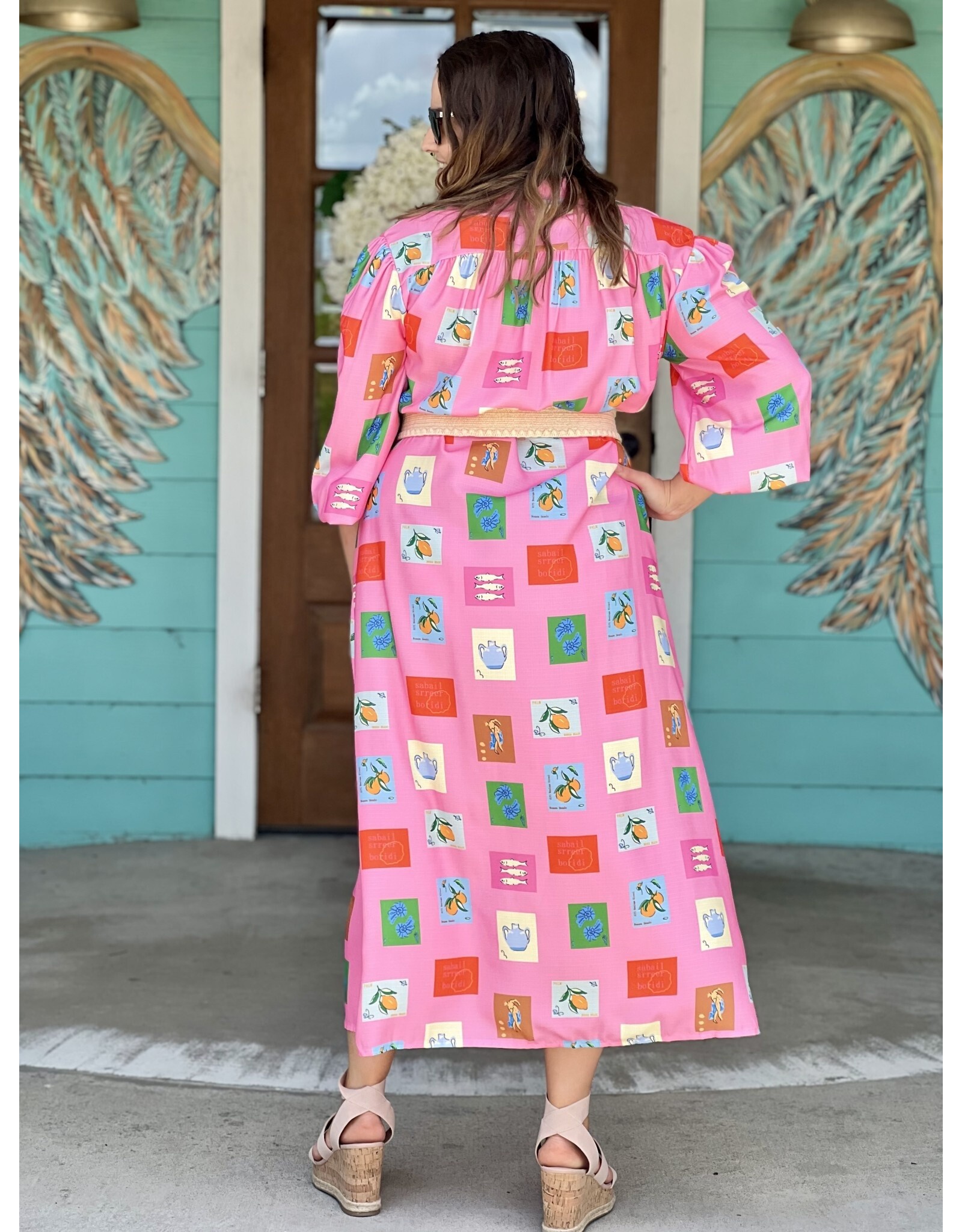 Pink Tile Print Belted Maxi Dress