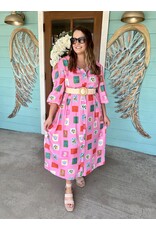 Pink Tile Print Belted Maxi Dress