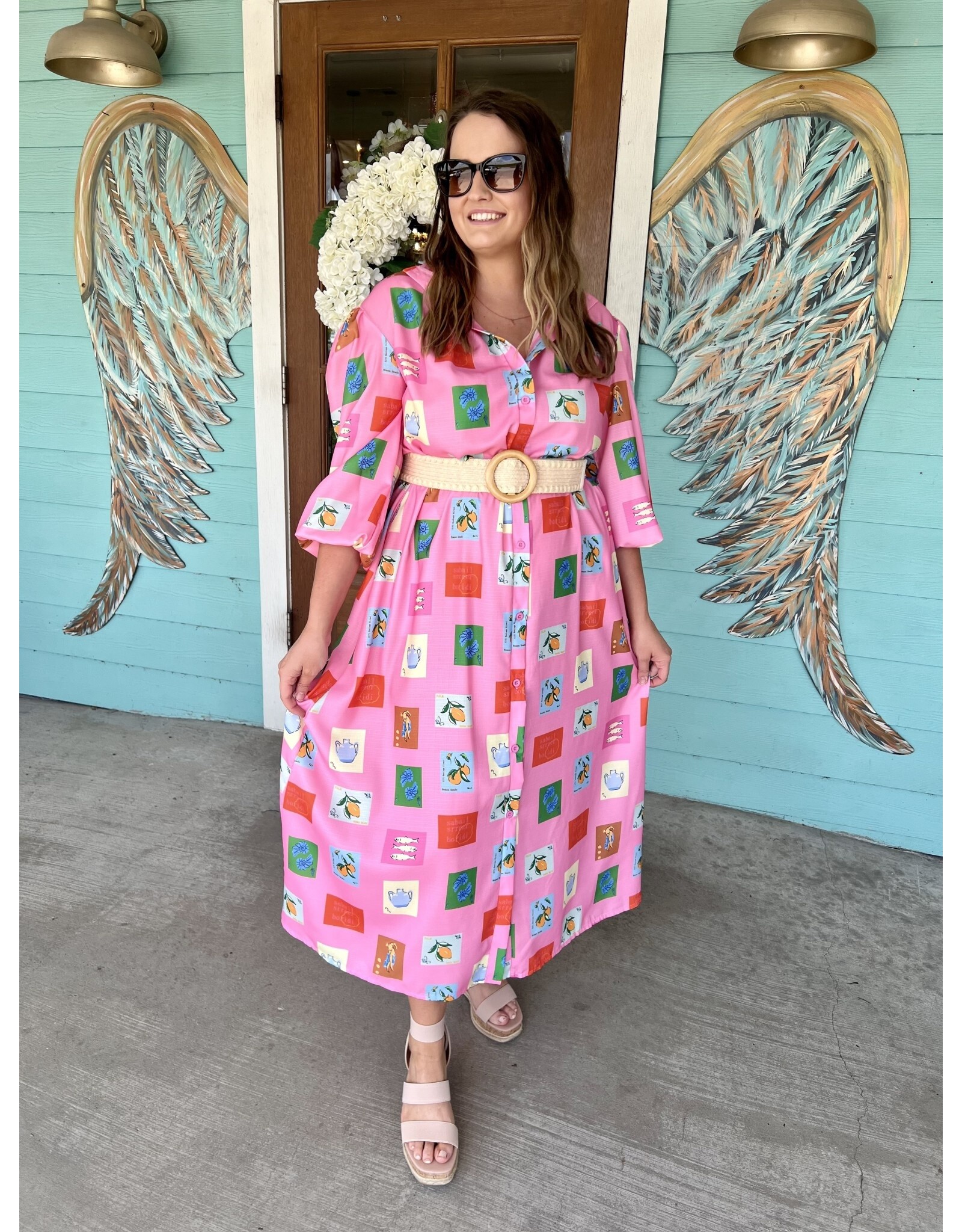 Pink Tile Print Belted Maxi Dress