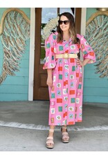 Pink Tile Print Belted Maxi Dress