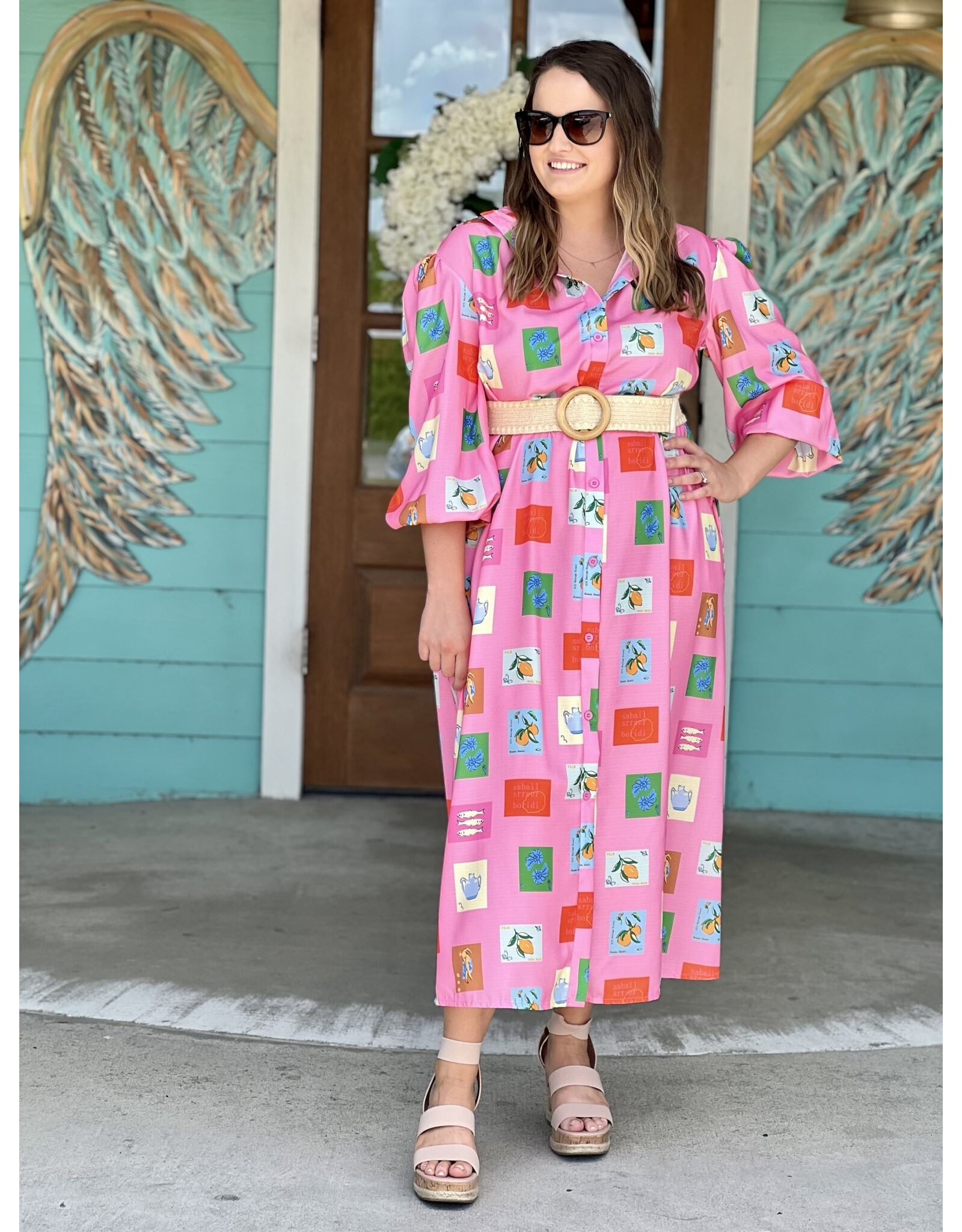 Pink Tile Print Belted Maxi Dress