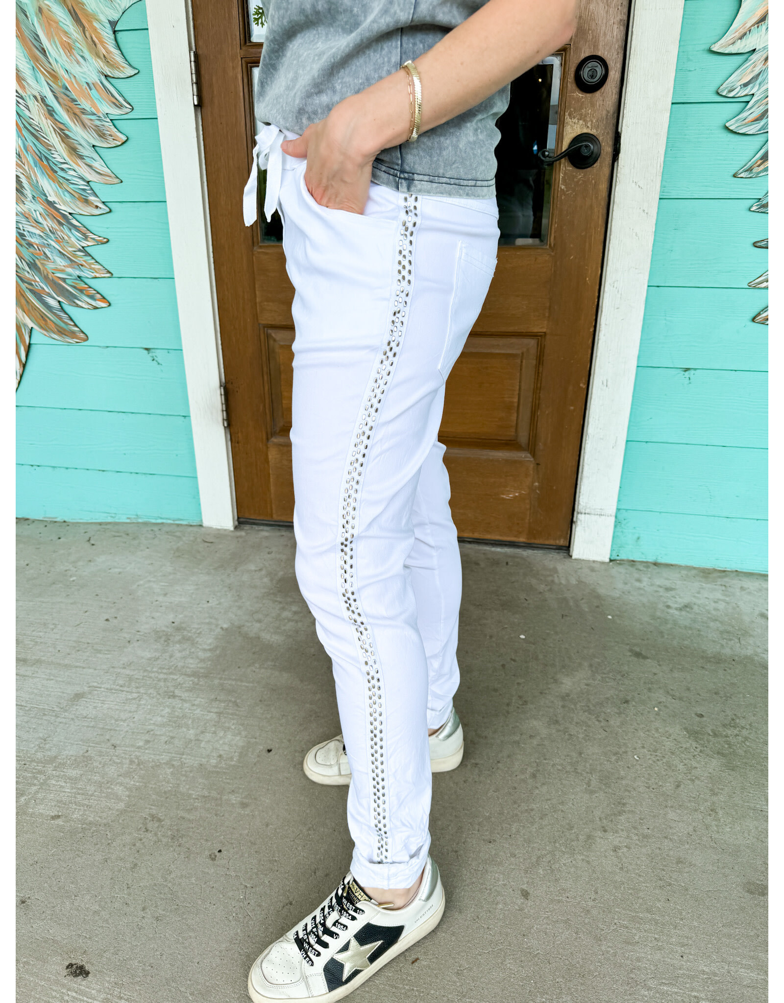 The Travel Stud Stripe Pant in White