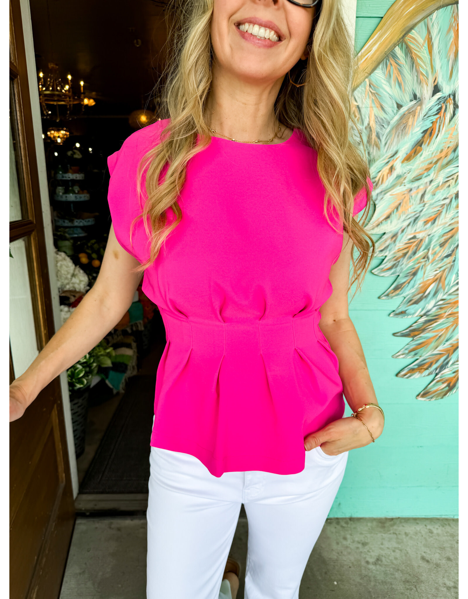 Hot Pink Pleated Waist Top