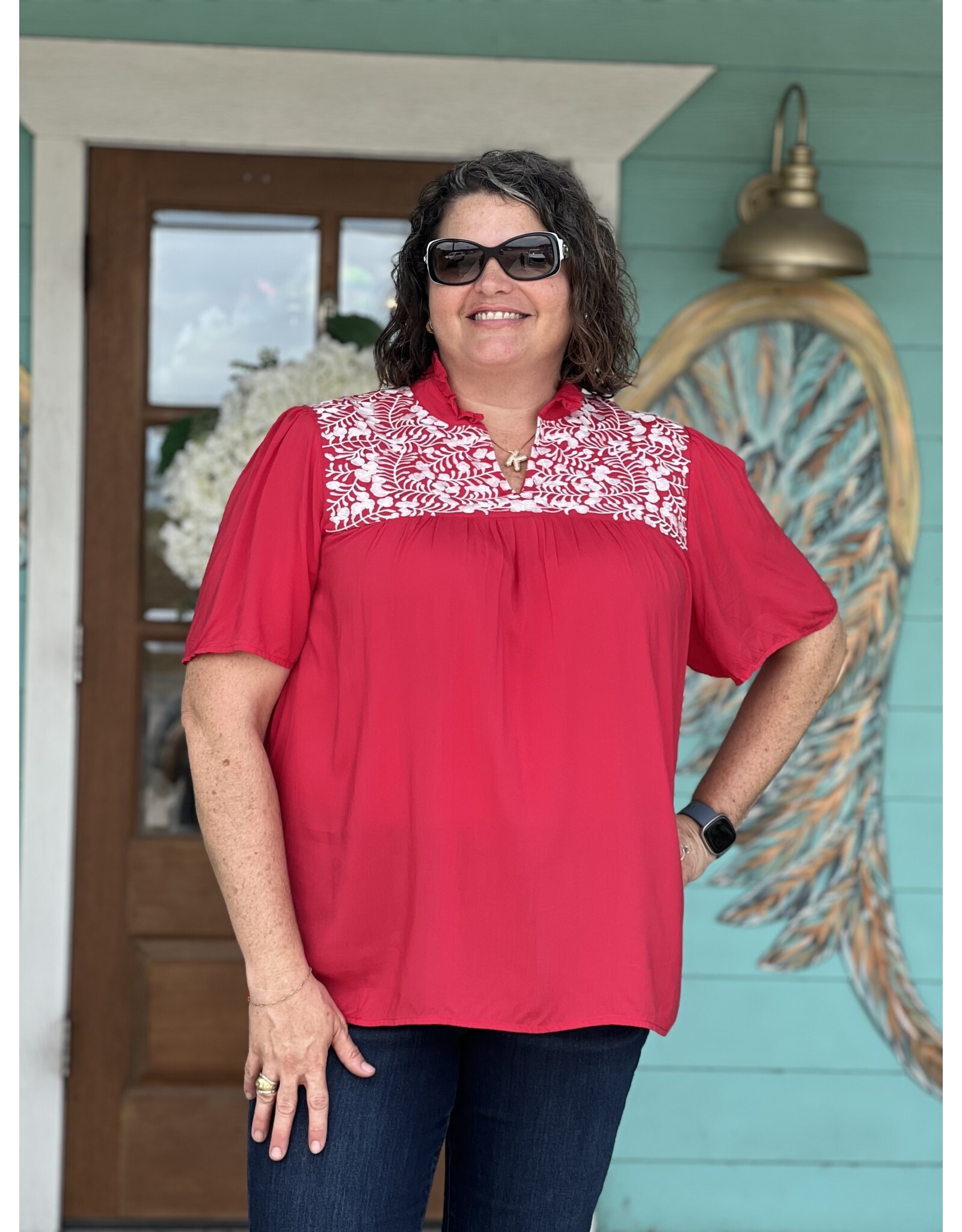 Red Embroidered Gabrielle Top - Rhinestone Angel