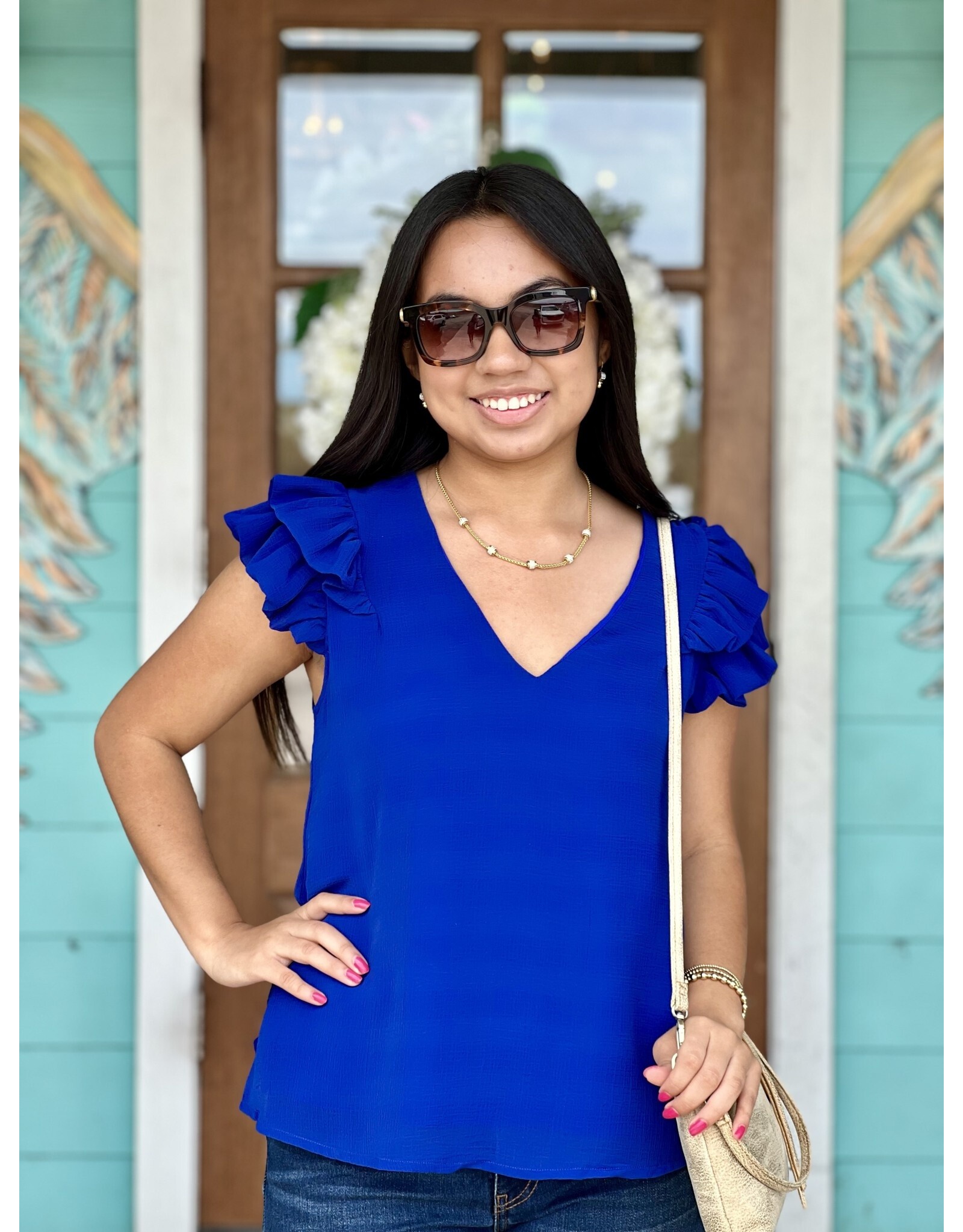 Blue Cambry V-Neck Ruffle Top