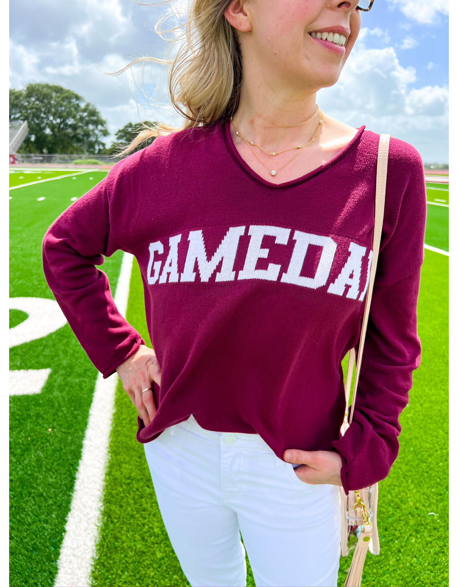 Gameday Maroon V-Neck Jersey Sweater